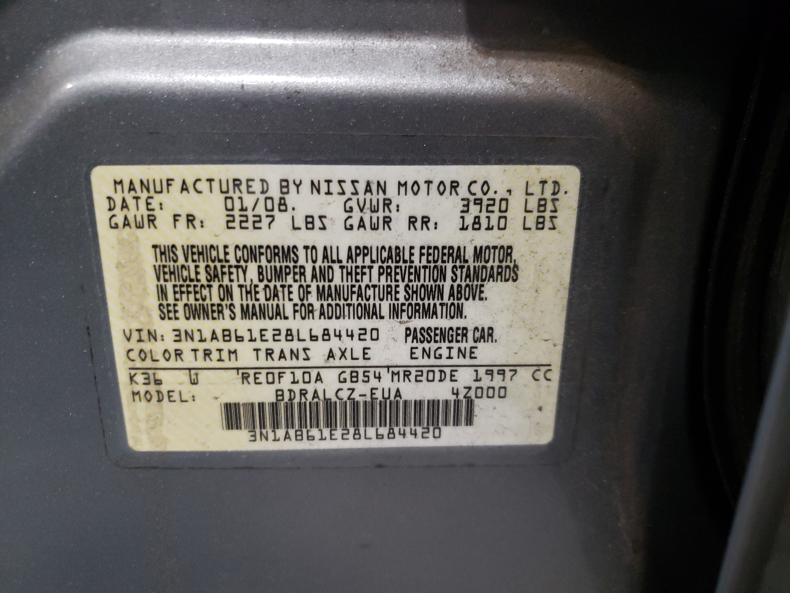 Photo 10 from auction – 2008 NISSAN SENTRA 2.0 with VIN 3N1AB61E28L684420