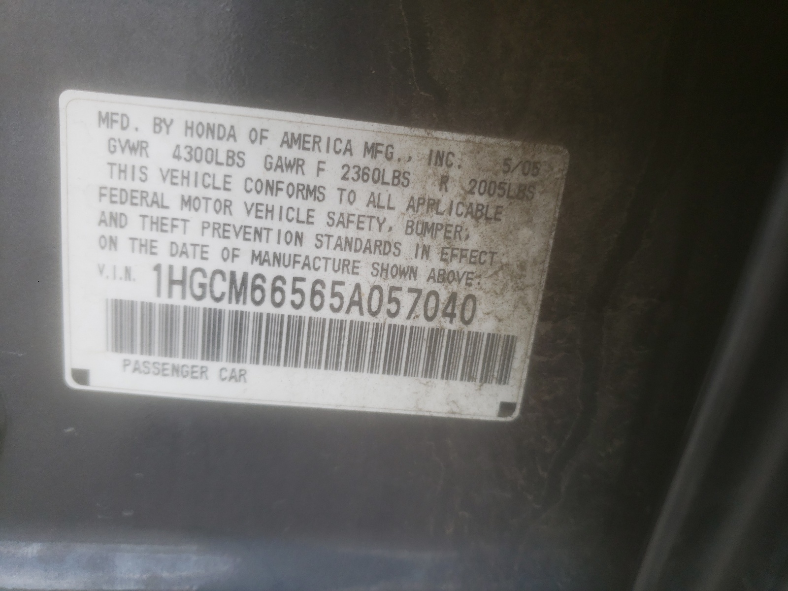 Photo 10 from auction – 2005 HONDA ACCORD EX with VIN 1HGCM66565A057040