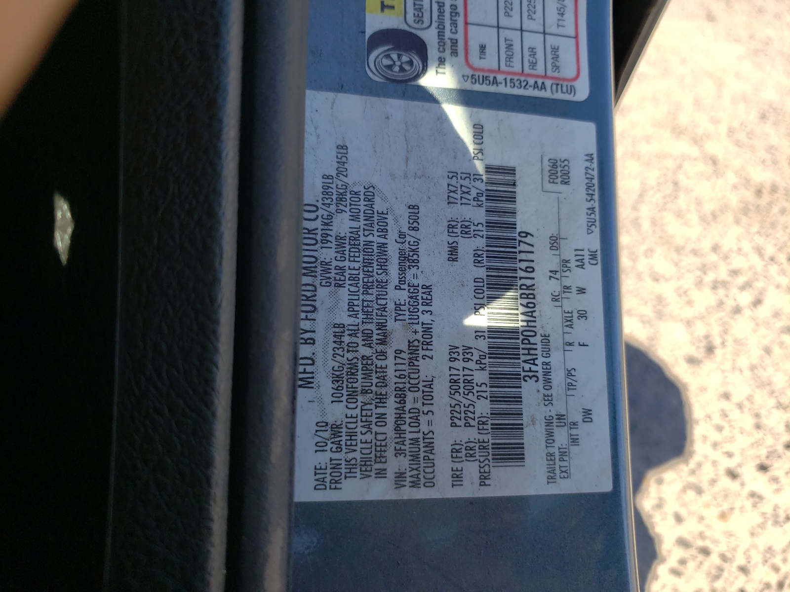 Photo 10 from auction – 2011 FORD FUSION with VIN 3FAHP0HA6BR161179