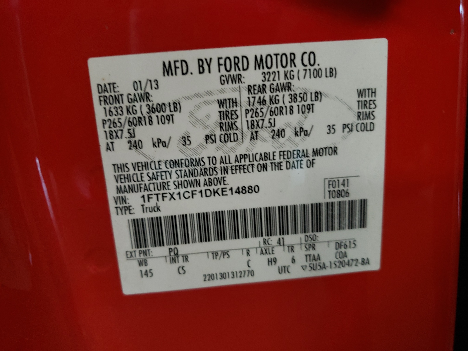 Photo 10 from auction – 2013 FORD F150 SUPER with VIN 1FTFX1CF1DKE14880