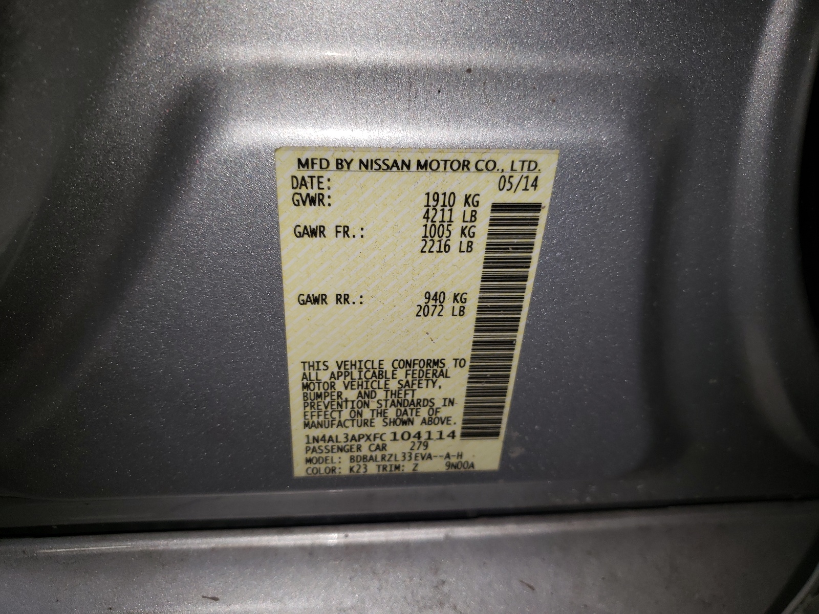 Photo 10 from auction – 2015 NISSAN ALTIMA 2.5 with VIN 1N4AL3APXFC104114