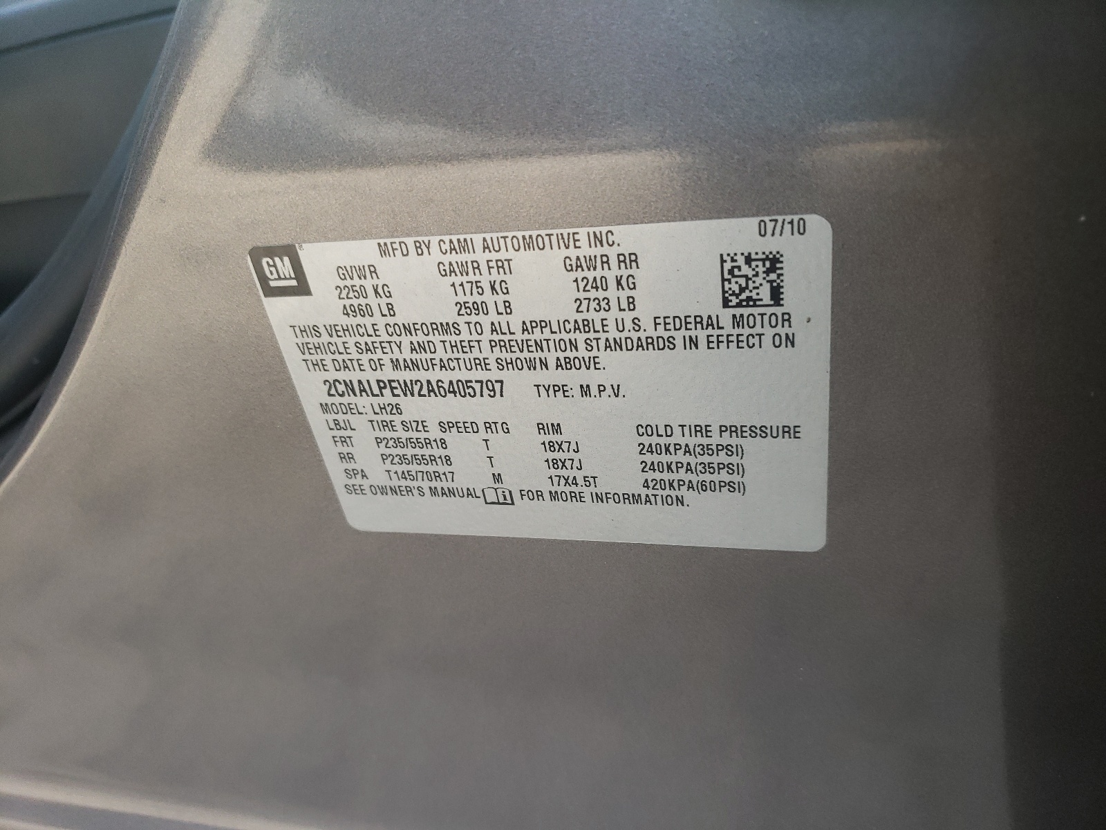 Photo 10 from auction – 2010 CHEVROLET EQUINOX LT with VIN 2CNALPEW2A6405797