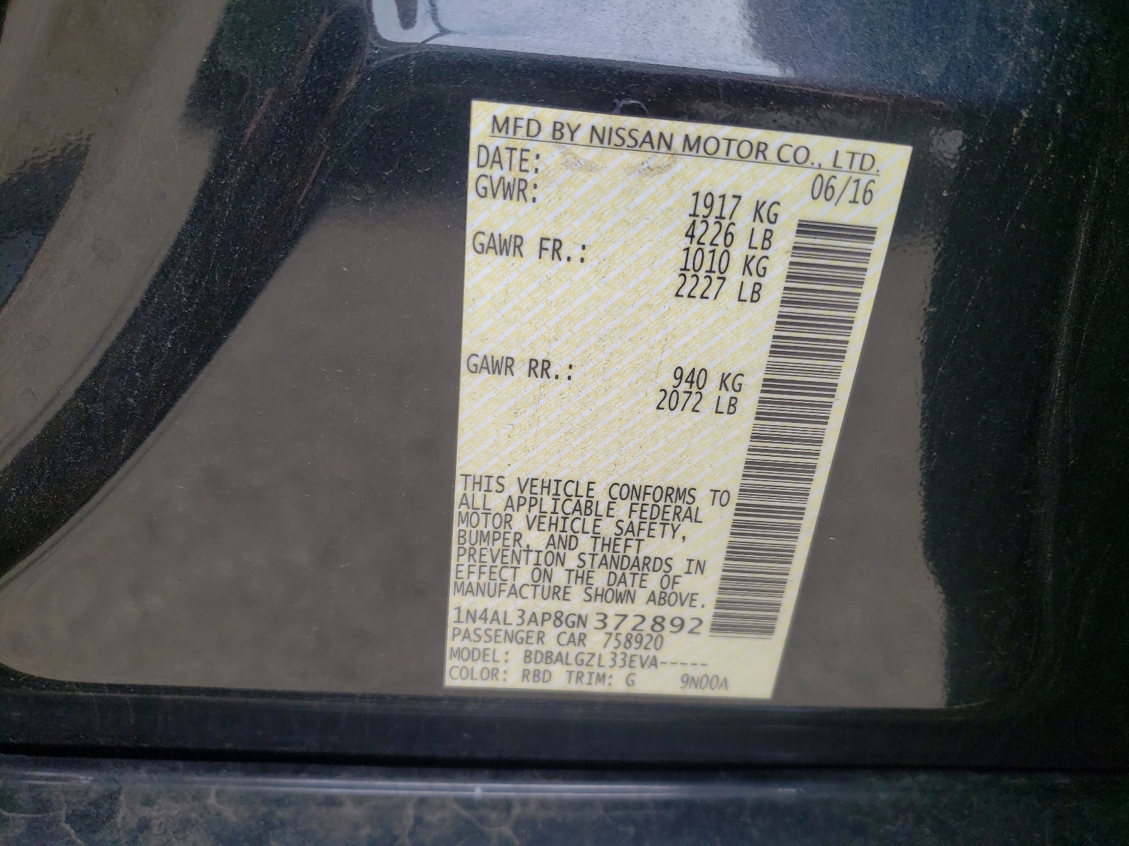 Photo 10 from auction – 2016 NISSAN ALTIMA 2.5 with VIN 1N4AL3AP8GN372892