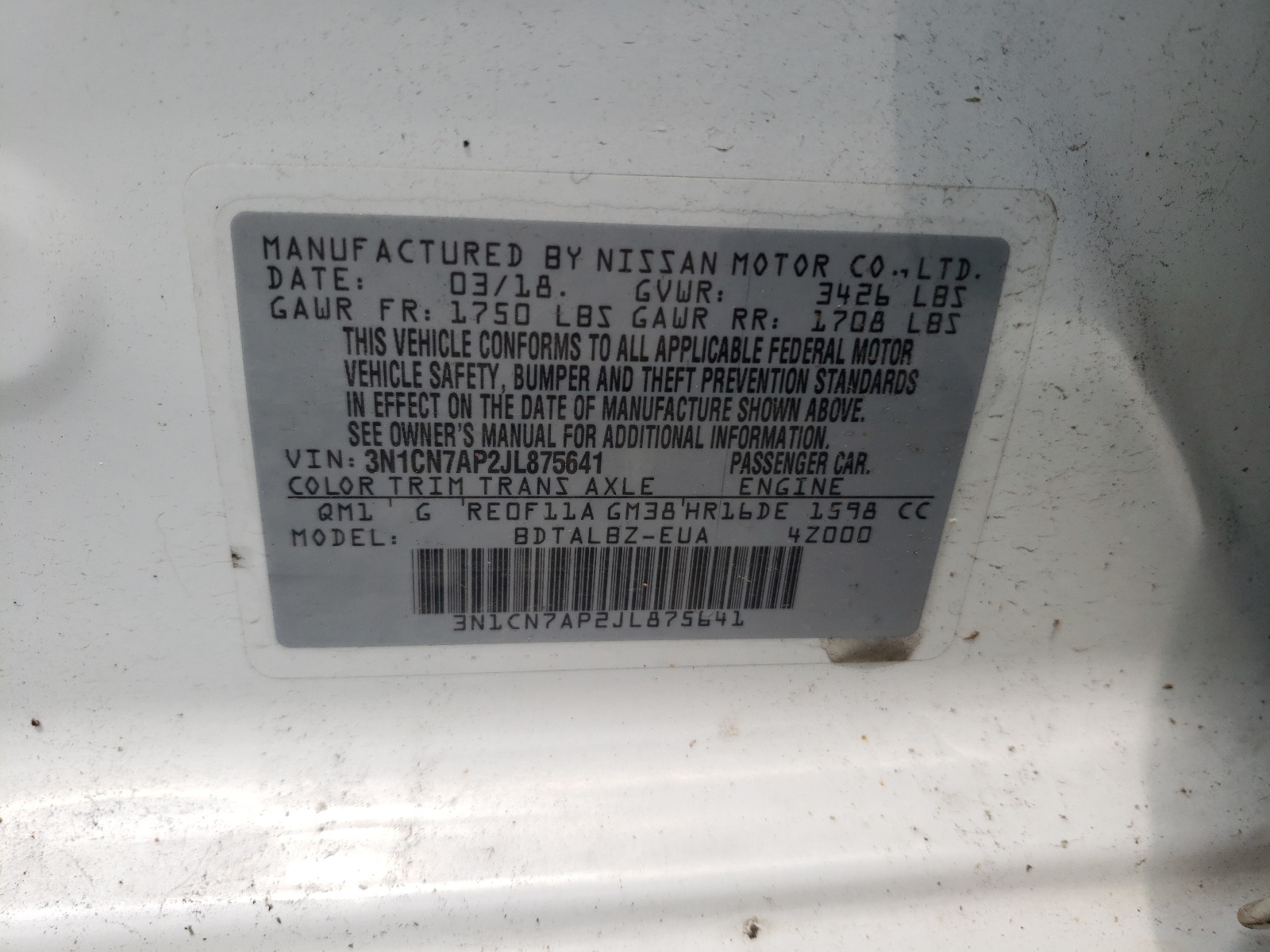 Photo 10 from auction – 2018 NISSAN VERSA S with VIN 3N1CN7AP2JL875641