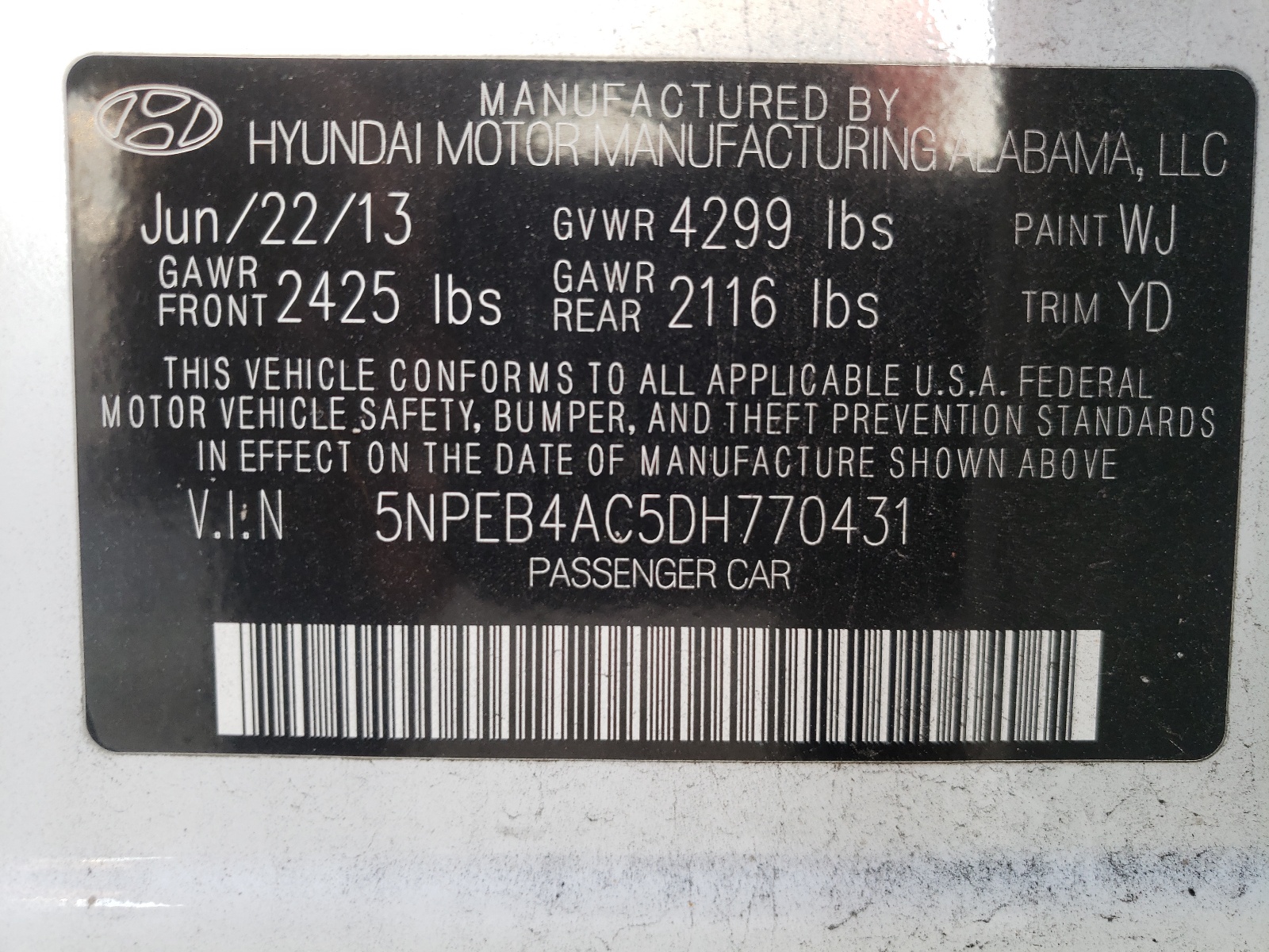 Photo 10 from auction – 2013 HYUNDAI SONATA GLS with VIN 5NPEB4AC5DH770431