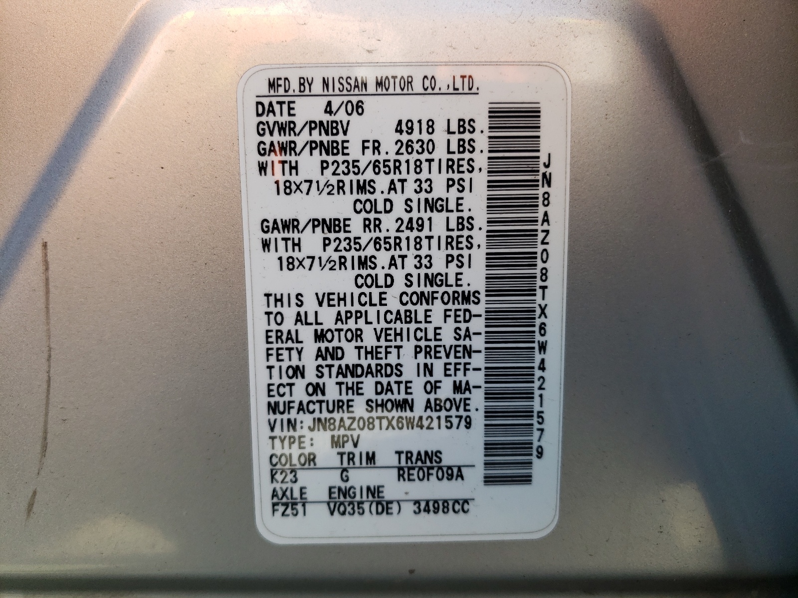 Photo 10 from auction – 2006 NISSAN MURANO SL with VIN JN8AZ08TX6W421579