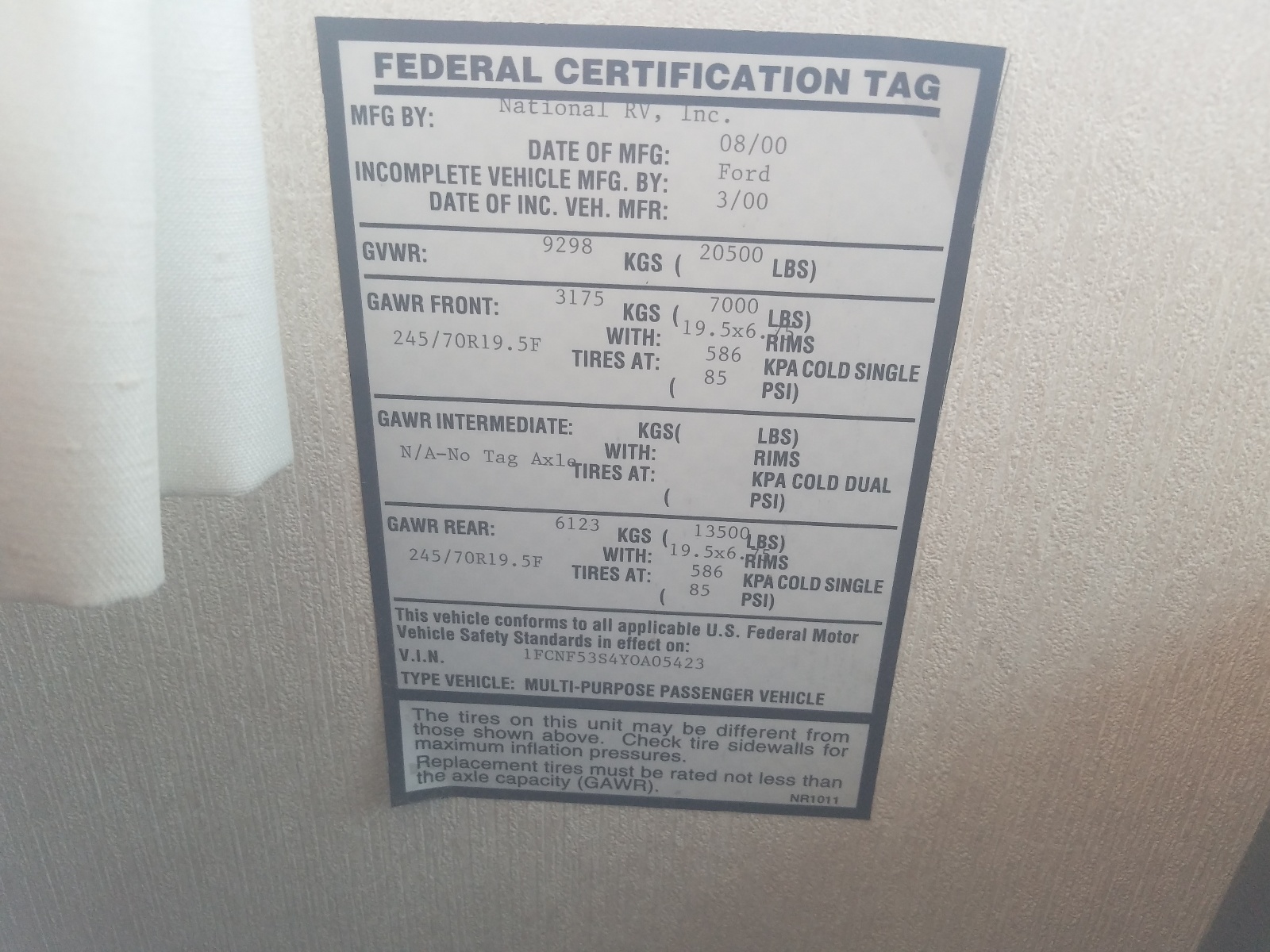 Photo 10 from auction – 2001 SEAB MOTORHOME with VIN 1FCNF53S4Y0A05423