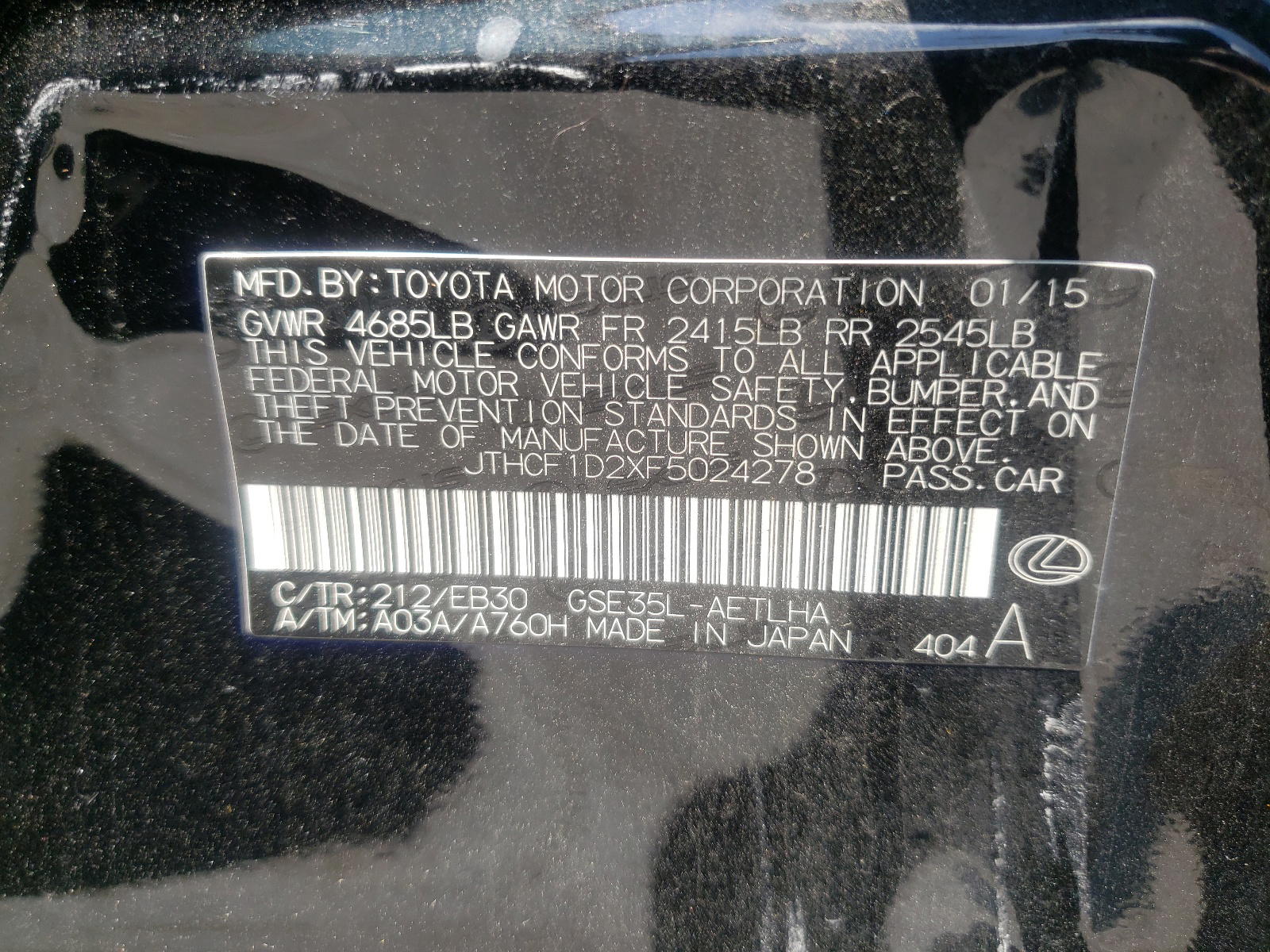 Photo 10 from auction – 2015 LEXUS IS 250 with VIN JTHCF1D2XF5024278