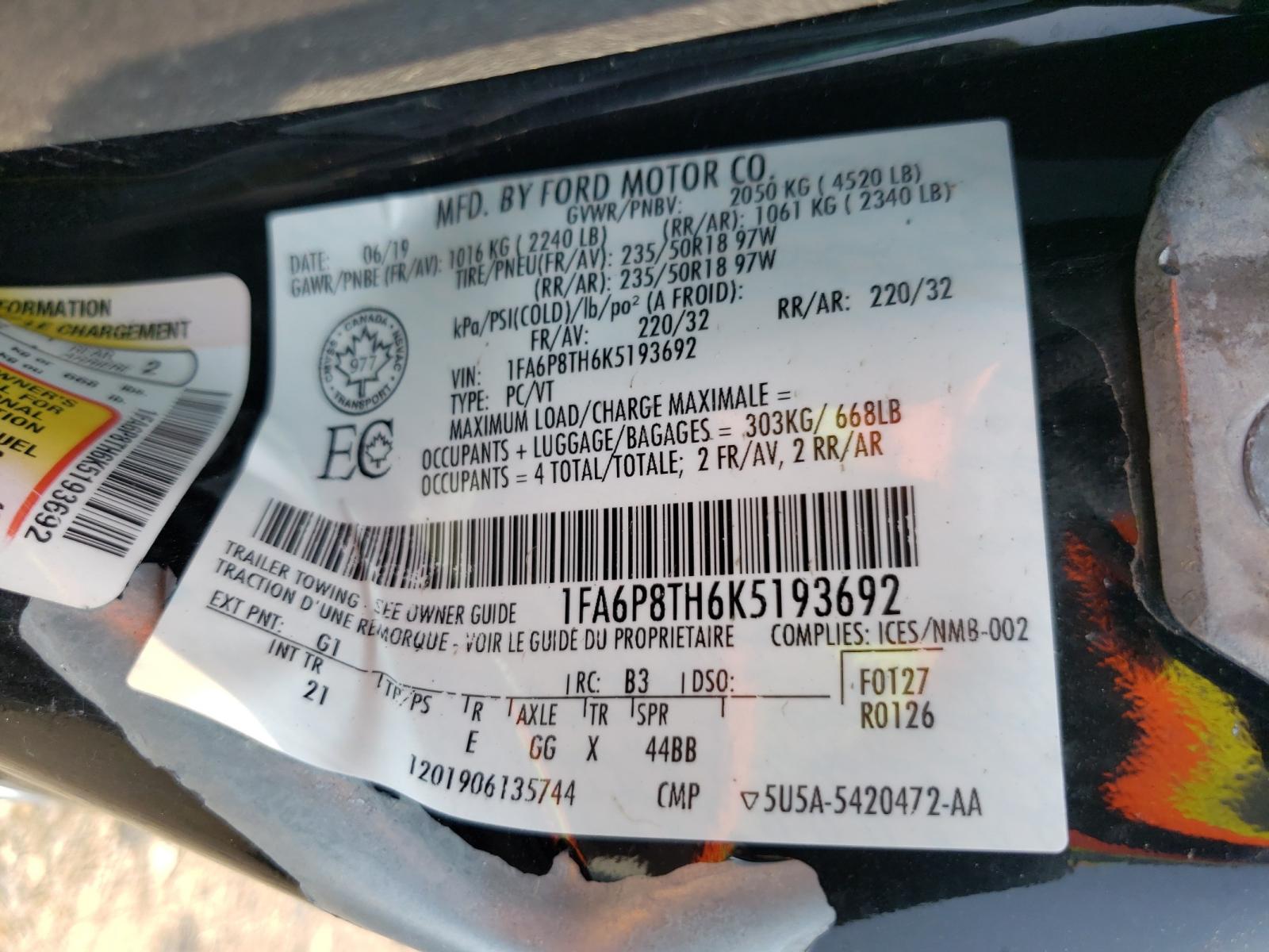 Photo 10 from auction – 2019 FORD MUSTANG with VIN 1FA6P8TH6K5193692