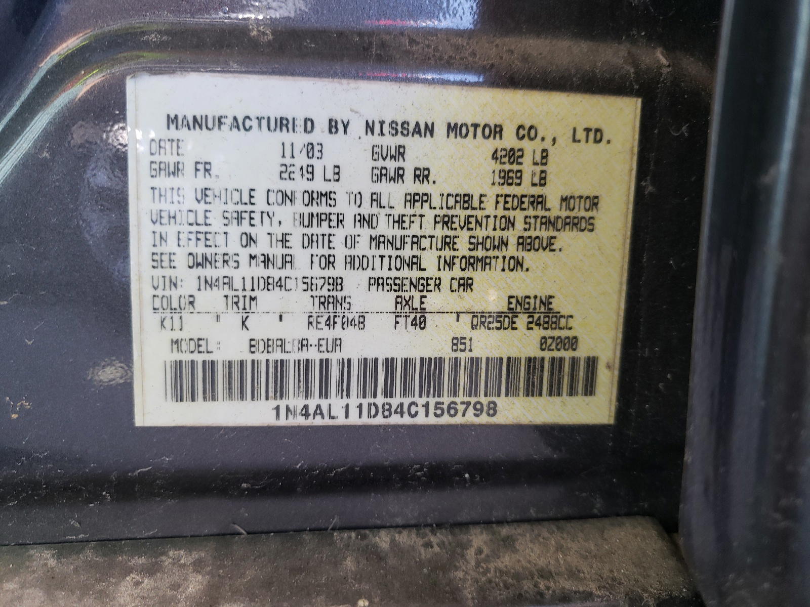 Photo 10 from auction – 2004 NISSAN ALTIMA BAS with VIN 1N4AL11D84C156798