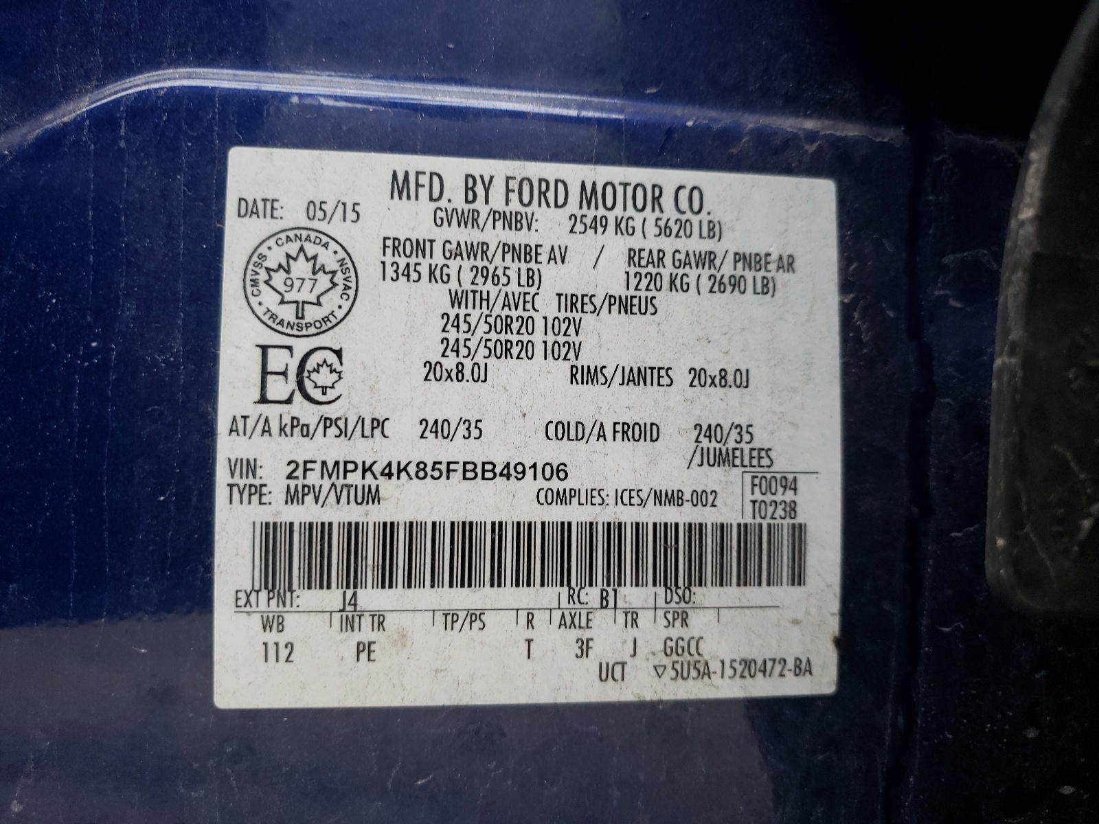 Photo 10 from auction – 2015 FORD EDGE TITAN with VIN 2FMPK4K85FBB49106