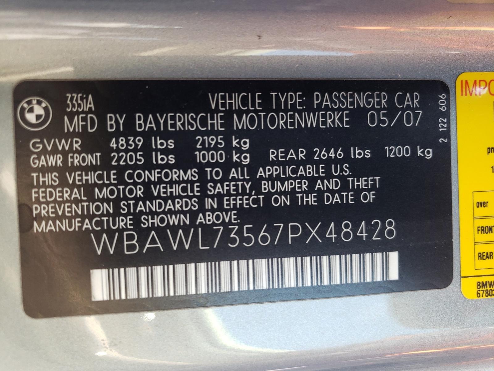 Photo 10 from auction – 2007 BMW 335 I with VIN WBAWL73567PX48428