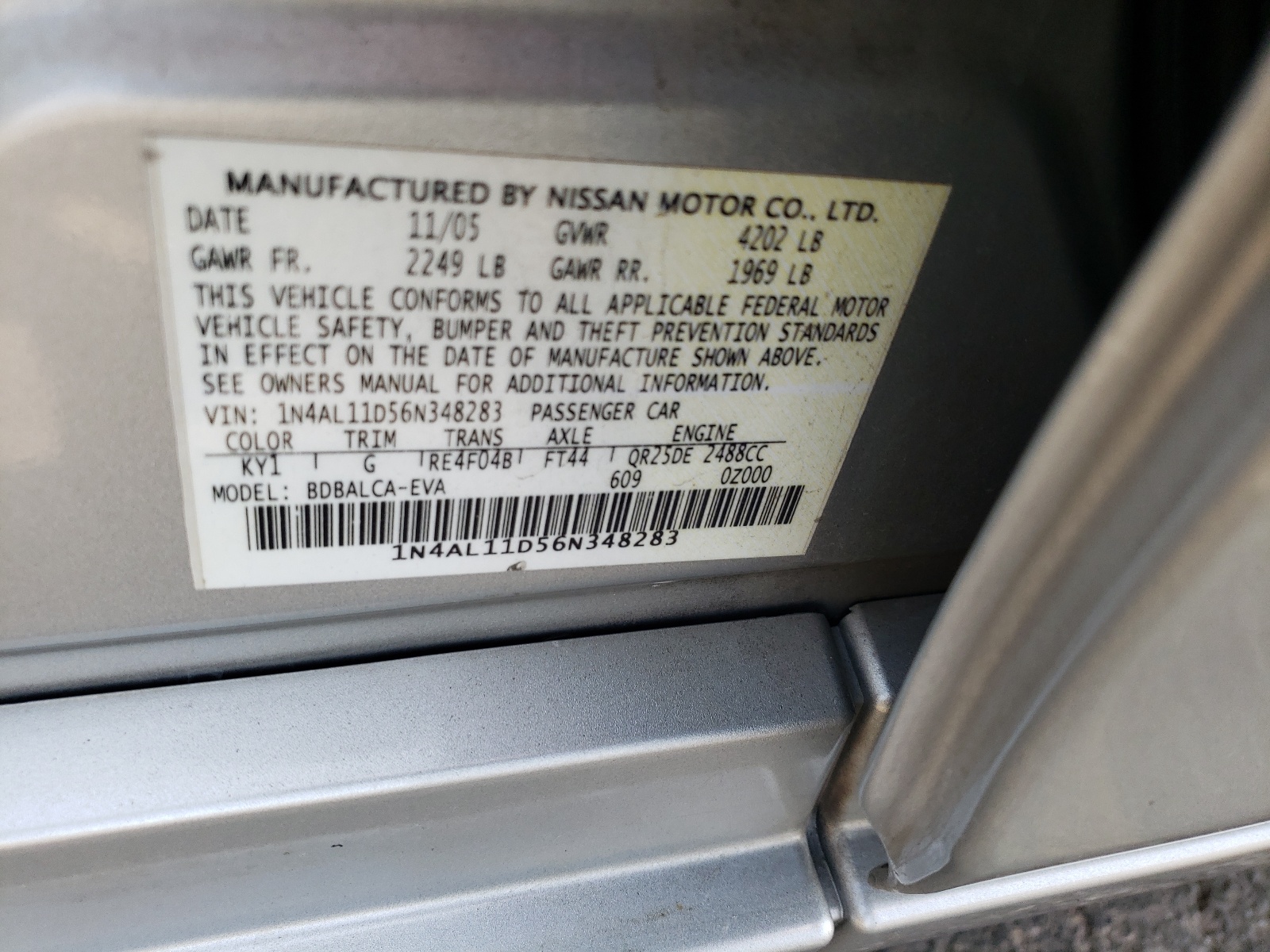 Photo 10 from auction – 2006 NISSAN ALTIMA S with VIN 1N4AL11D56N348283