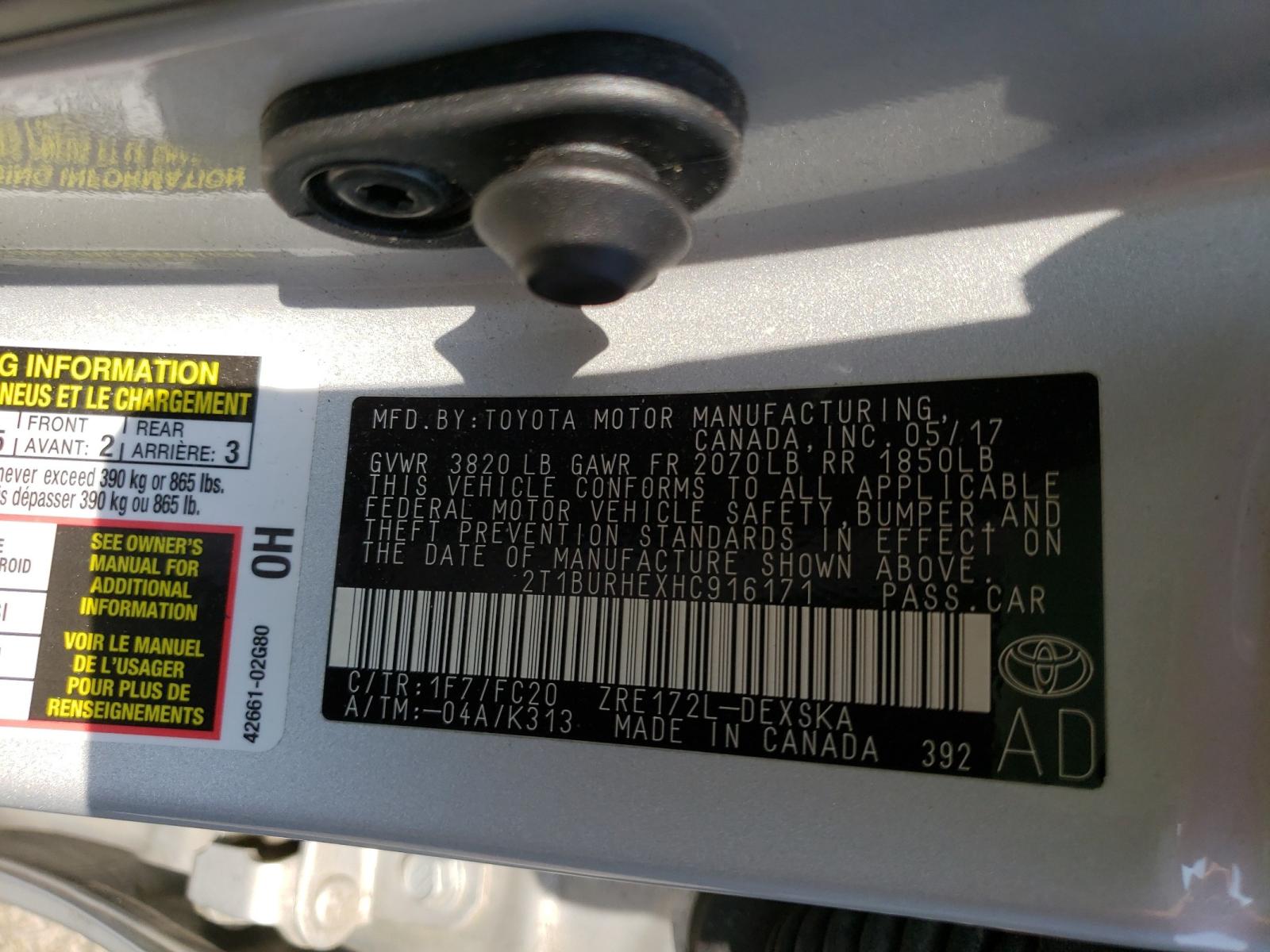 Photo 10 from auction – 2017 TOYOTA COROLLA L with VIN 2T1BURHEXHC916171