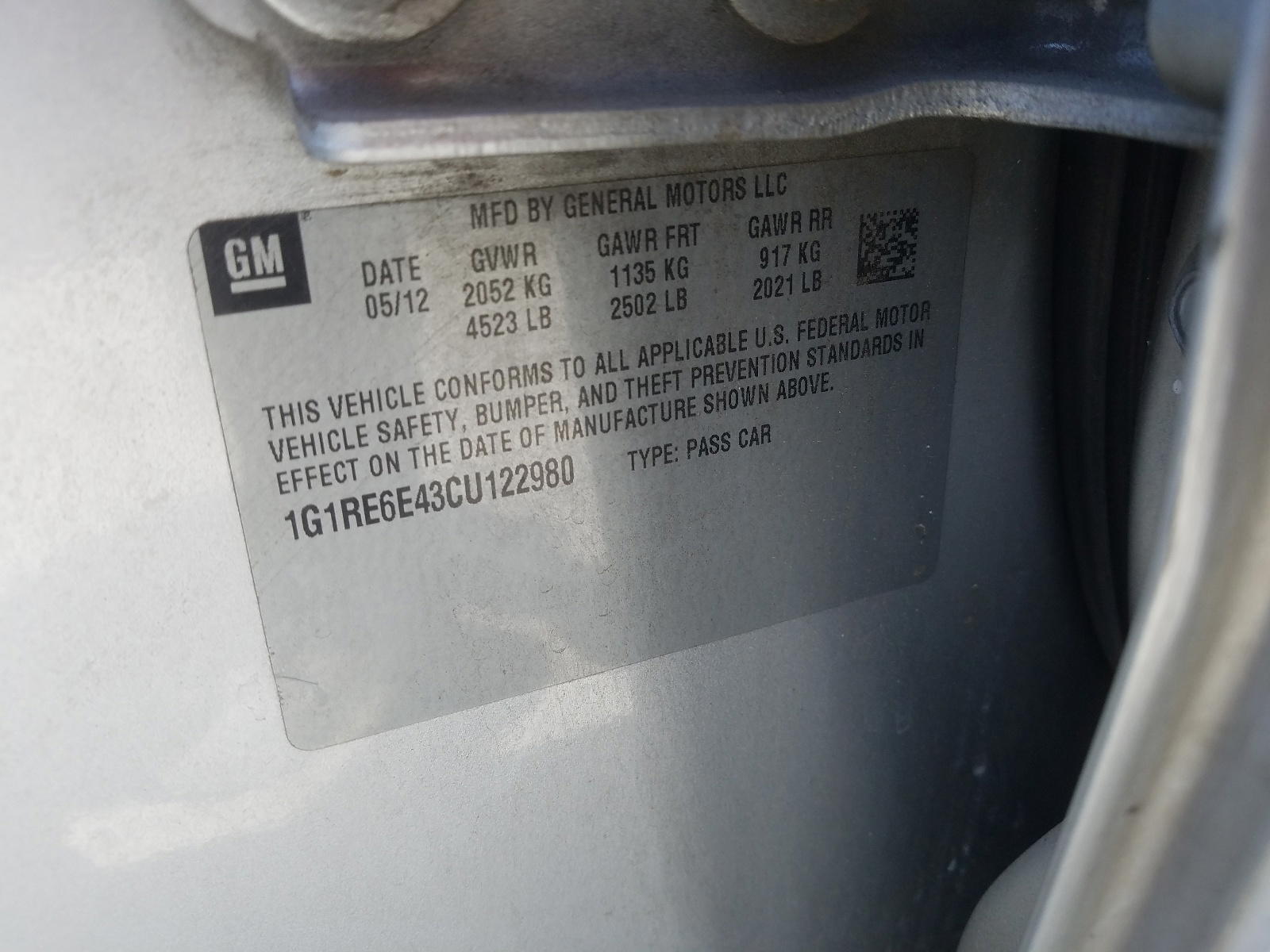 Photo 10 from auction – 2012 CHEVROLET VOLT with VIN 1G1RE6E43CU122980