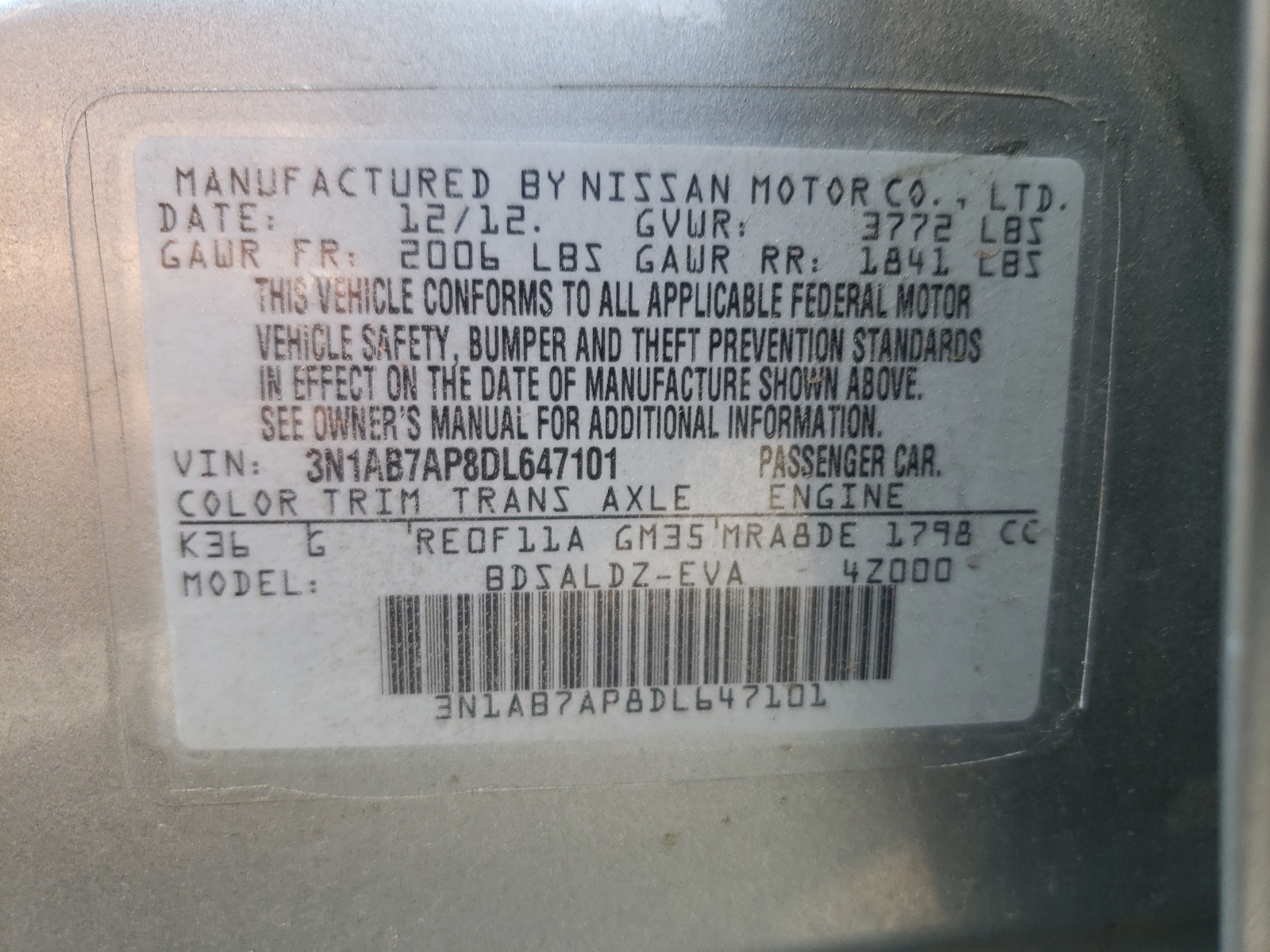 Photo 10 from auction – 2013 NISSAN SENTRA S with VIN 3N1AB7AP8DL647101