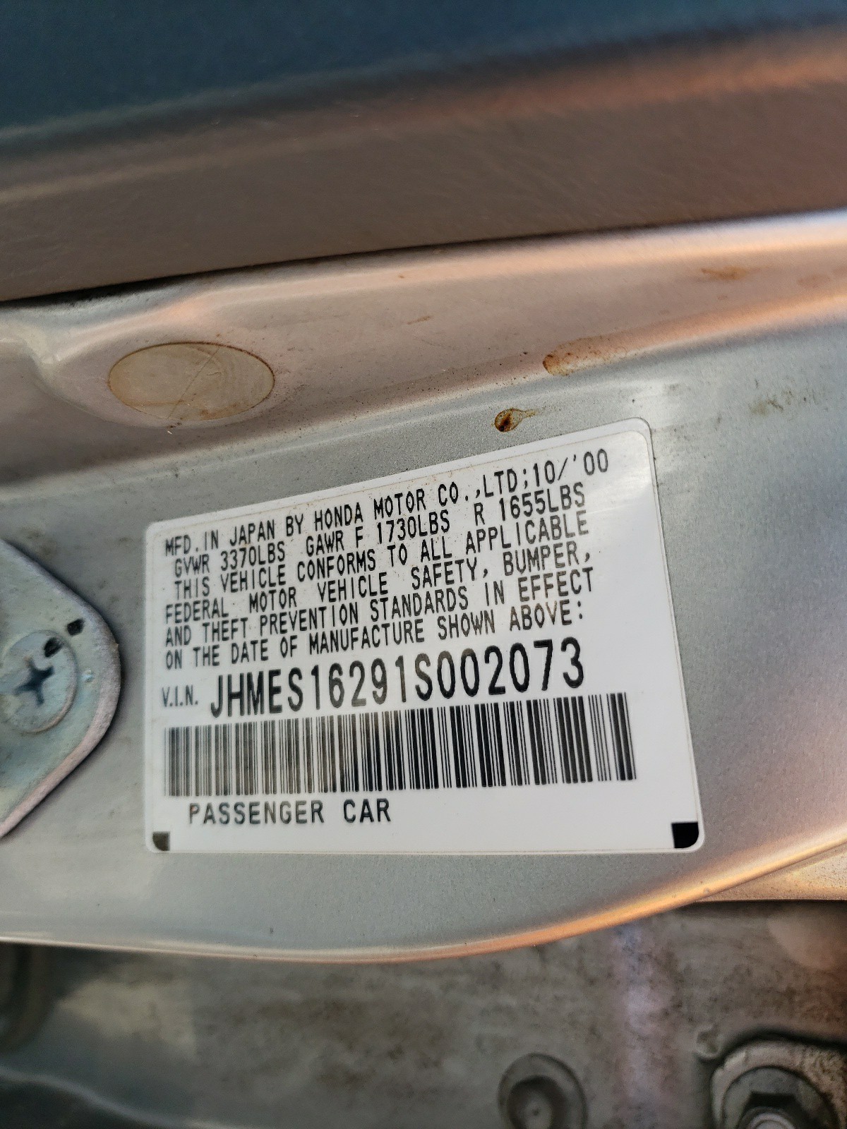 Photo 10 from auction – 2001 HONDA CIVIC DX with VIN JHMES16291S002073
