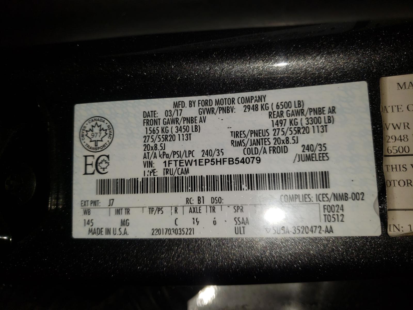 Photo 10 from auction – 2017 FORD F150 SUPER with VIN 1FTEW1EP5HFB54079