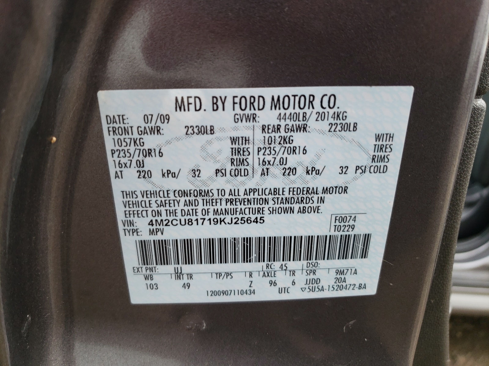 Photo 10 from auction – 2009 MERCURY MARINER with VIN 4M2CU81719KJ25645
