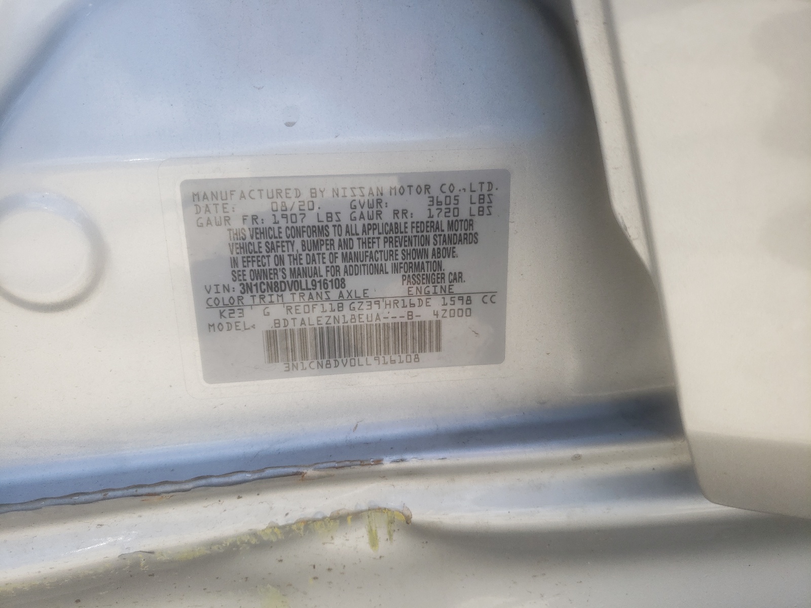 Photo 10 from auction – 2020 NISSAN VERSA S with VIN 3N1CN8DV0LL916108