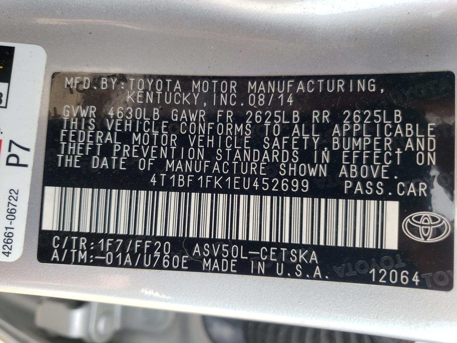 Photo 10 from auction – 2014 TOYOTA CAMRY L with VIN 4T1BF1FK1EU452699