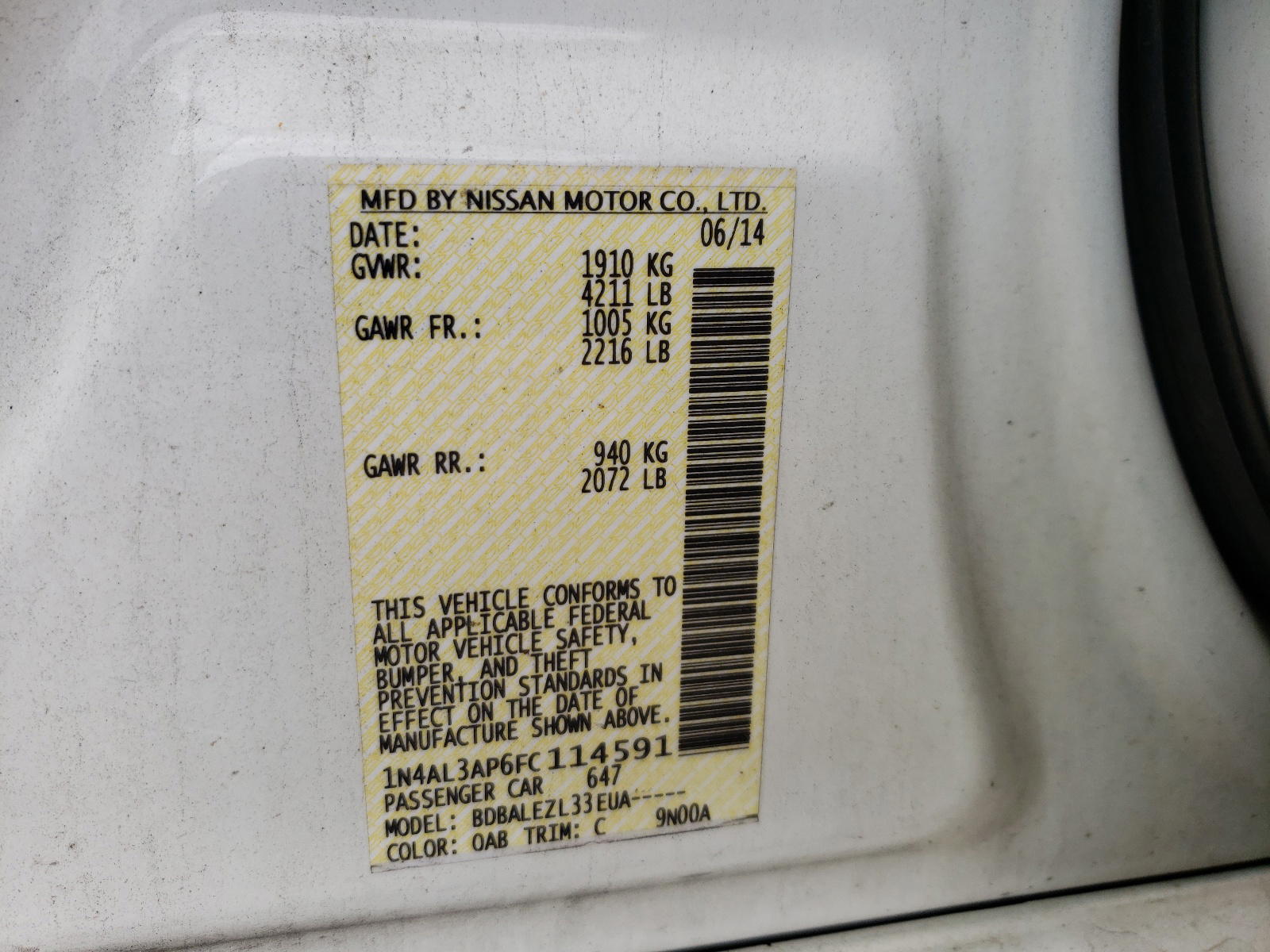 Photo 10 from auction – 2015 NISSAN ALTIMA 2.5 with VIN 1N4AL3AP6FC114591