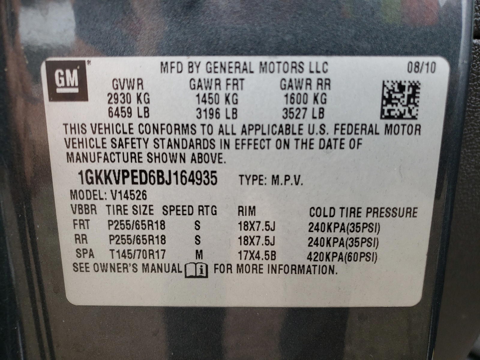 Photo 10 from auction – 2011 GMC ACADIA SLE with VIN 1GKKVPED6BJ164935