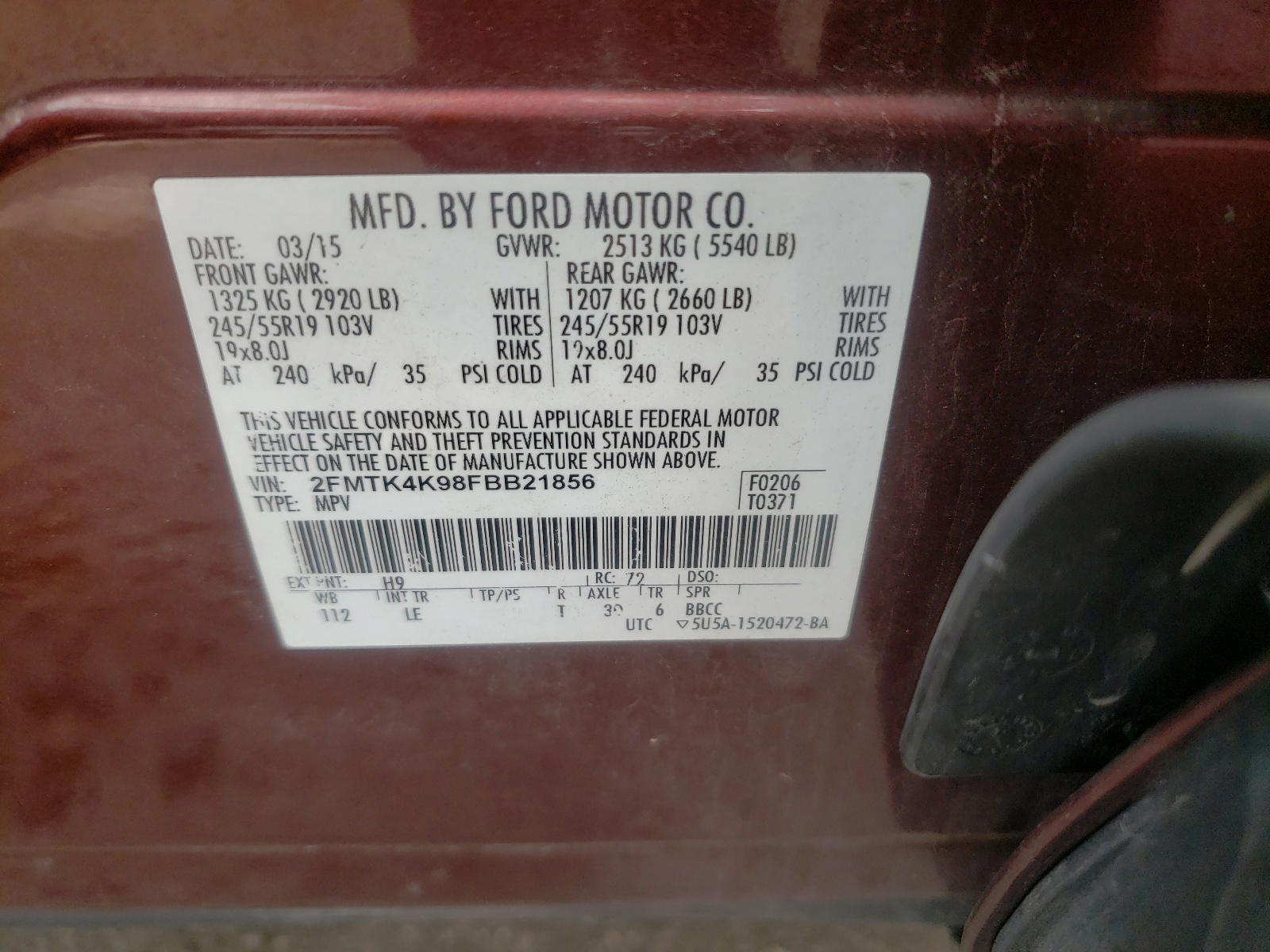 Photo 10 from auction – 2015 FORD EDGE TITAN with VIN 2FMTK4K98FBB21856