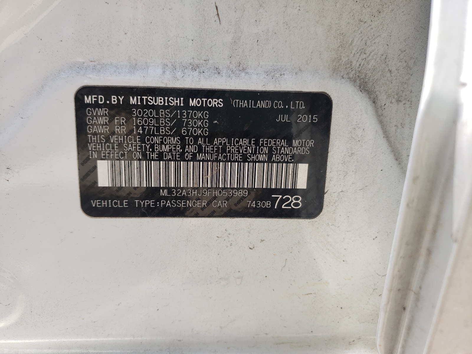 Photo 10 from auction – 2015 MITSUBISHI MIRAGE DE with VIN ML32A3HJ9FH053989