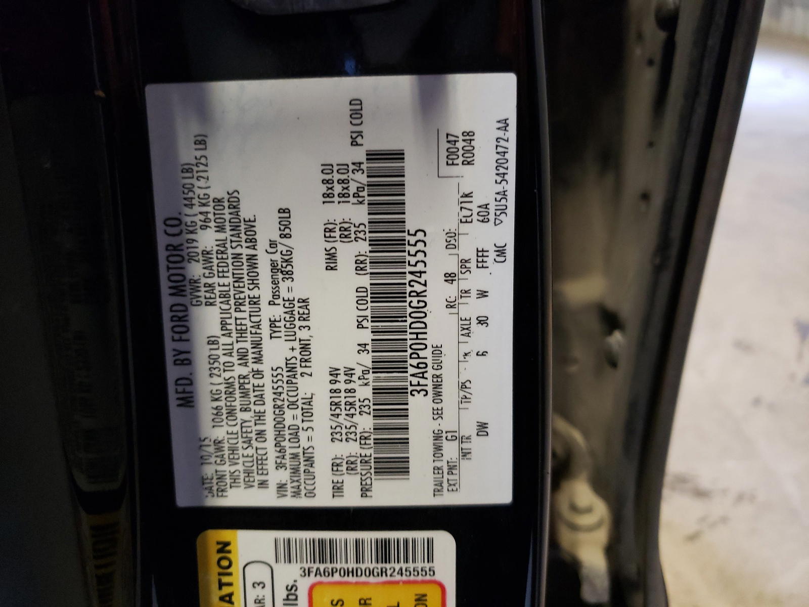 Photo 10 from auction – 2016 FORD FUSION SE with VIN 3FA6P0HD0GR245555