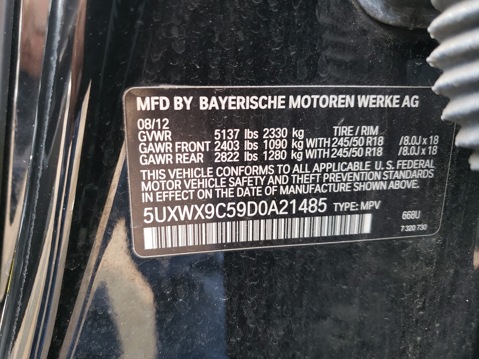Photo 10 from auction – 2013 BMW X3 XDRIVE2 with VIN 5UXWX9C59D0A21485