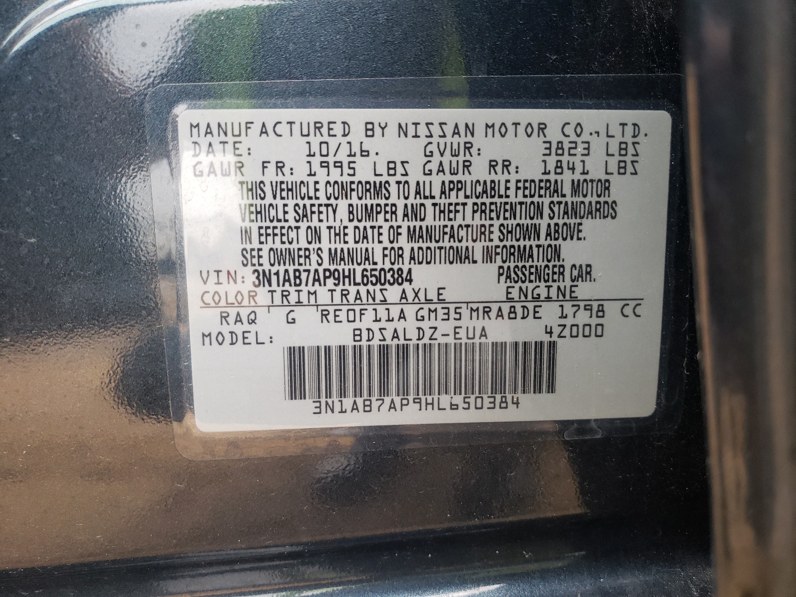 Photo 10 from auction – 2017 NISSAN SENTRA S with VIN 3N1AB7AP9HL650384