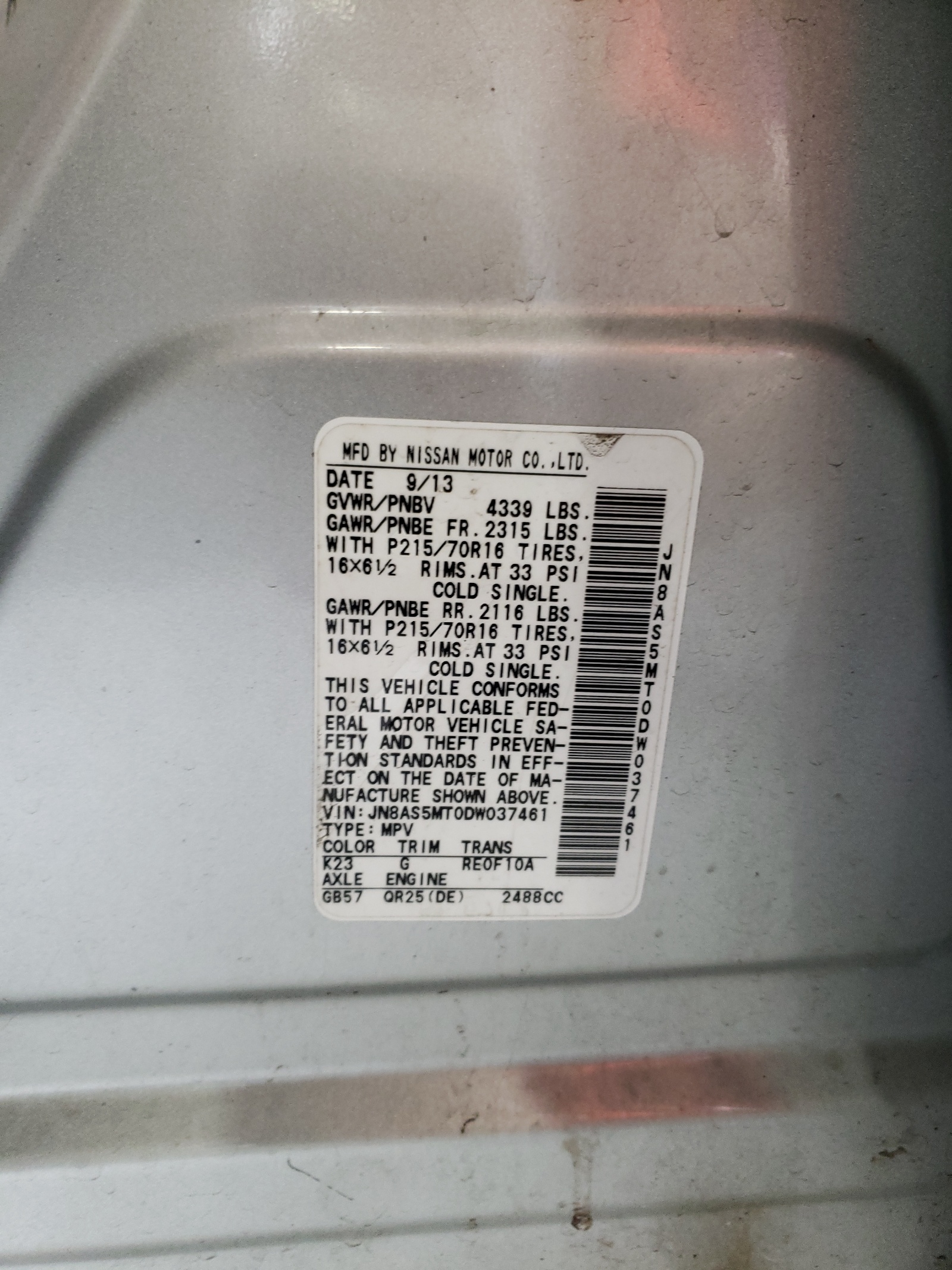 Photo 10 from auction – 2013 NISSAN ROGUE S with VIN JN8AS5MT0DW037461