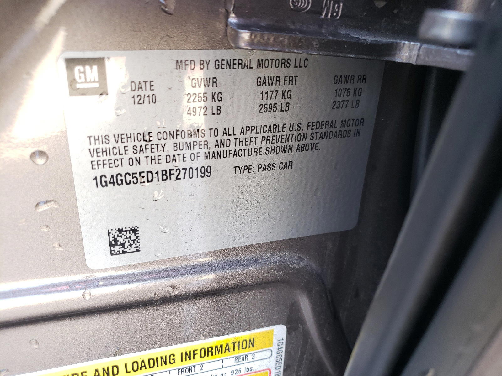 Photo 10 from auction – 2011 BUICK LACROSSE C with VIN 1G4GC5ED1BF270199