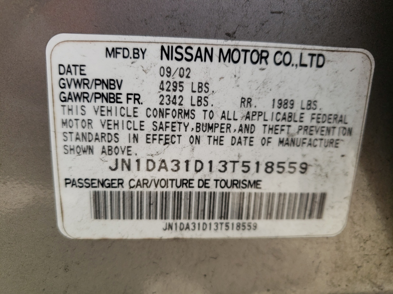 Photo 10 from auction – 2003 NISSAN MAXIMA GLE with VIN JN1DA31D13T518559