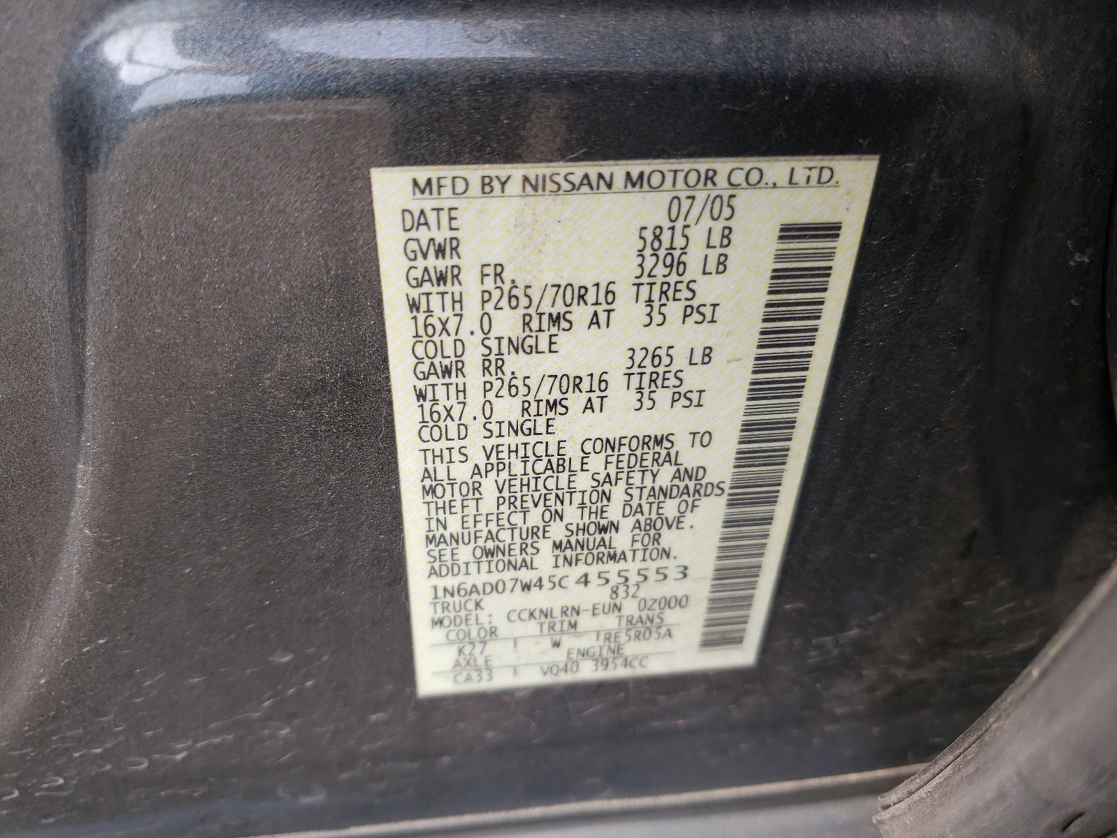 Photo 10 from auction – 2005 NISSAN FRONTIER C with VIN 1N6AD07W45C455553