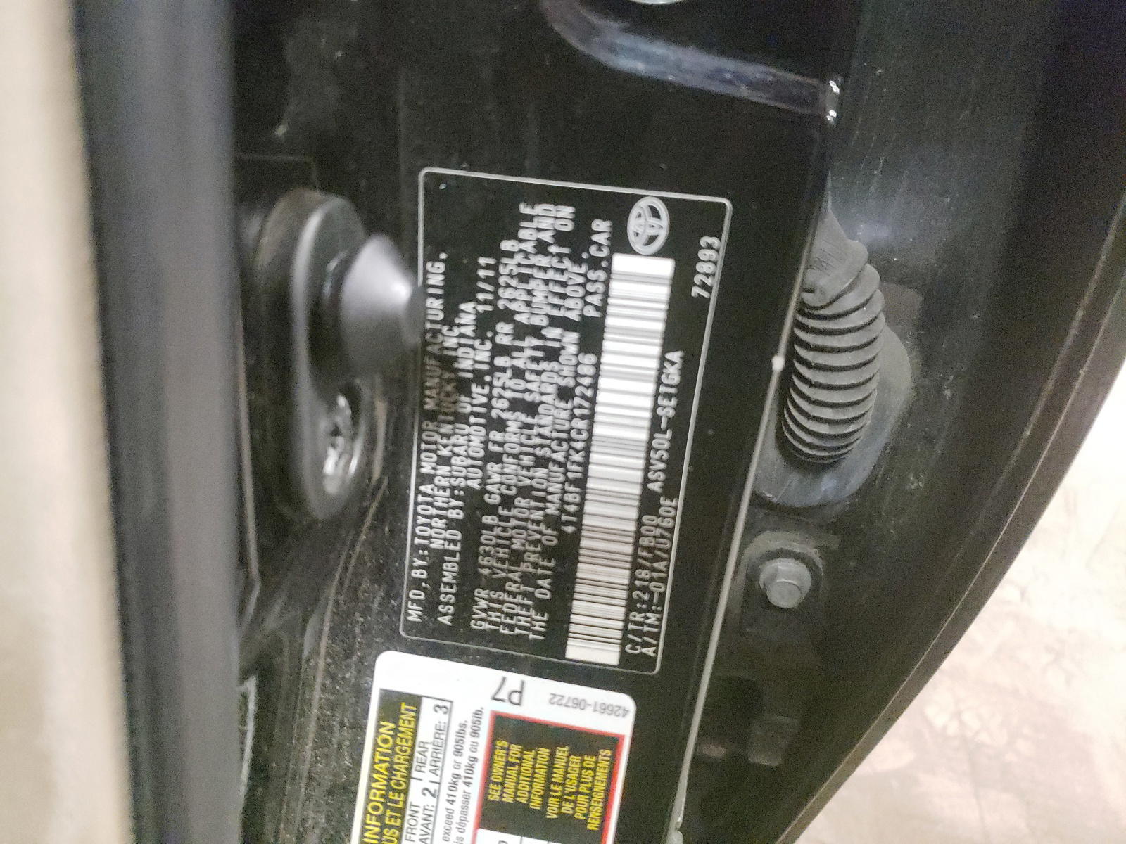 Photo 10 from auction – 2012 TOYOTA CAMRY BASE with VIN 4T4BF1FK4CR172486