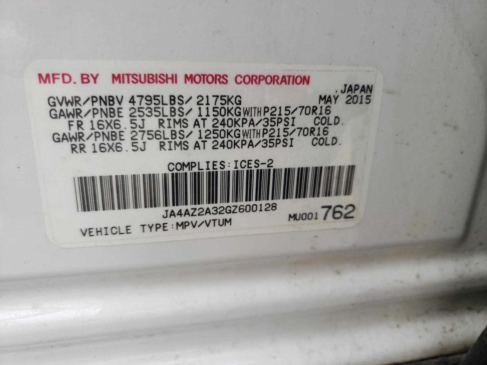 Photo 10 from auction – 2016 MITSUBISHI OUTLANDER with VIN JA4AZ2A32GZ600128