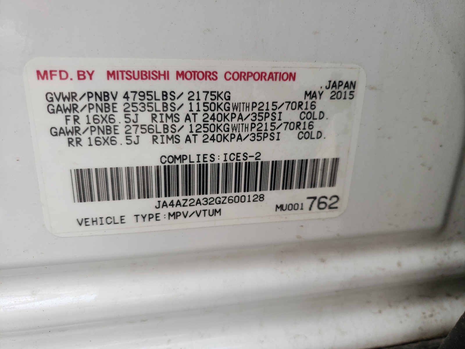 Foto 10 de la subasta – 2016 MITSUBISHI OUTLANDER con VIN JA4AZ2A32GZ600128