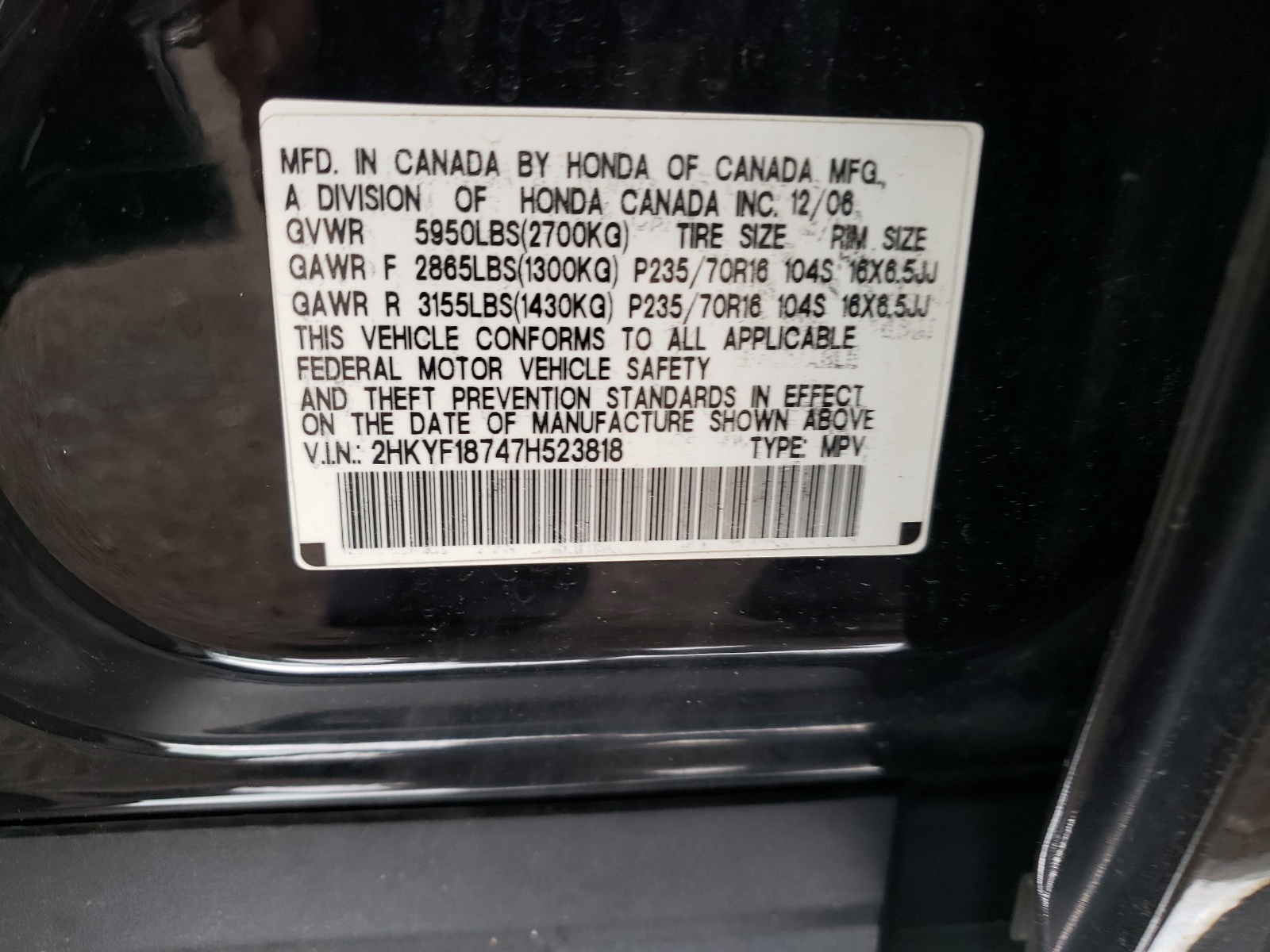 Photo 10 from auction – 2007 HONDA PILOT EXL with VIN 2HKYF18747H523818