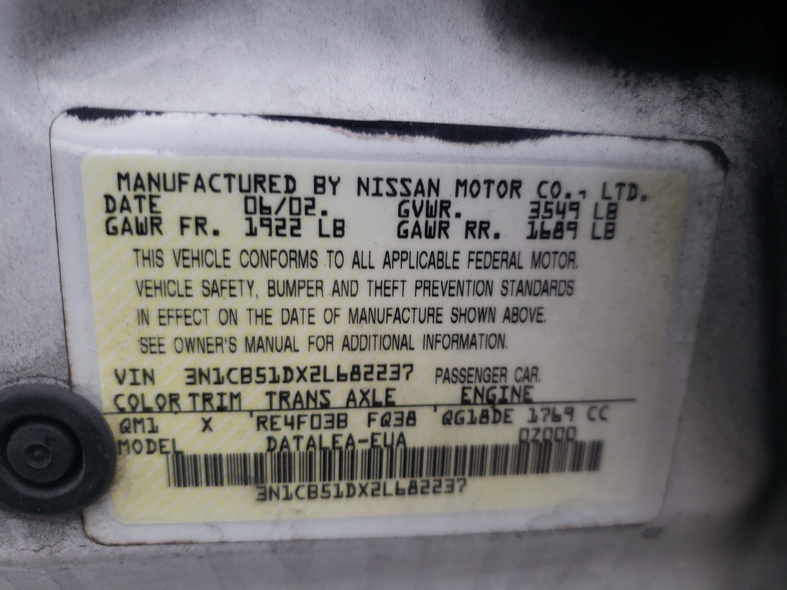 Photo 10 from auction – 2002 NISSAN SENTRA XE with VIN 3N1CB51DX2L682237