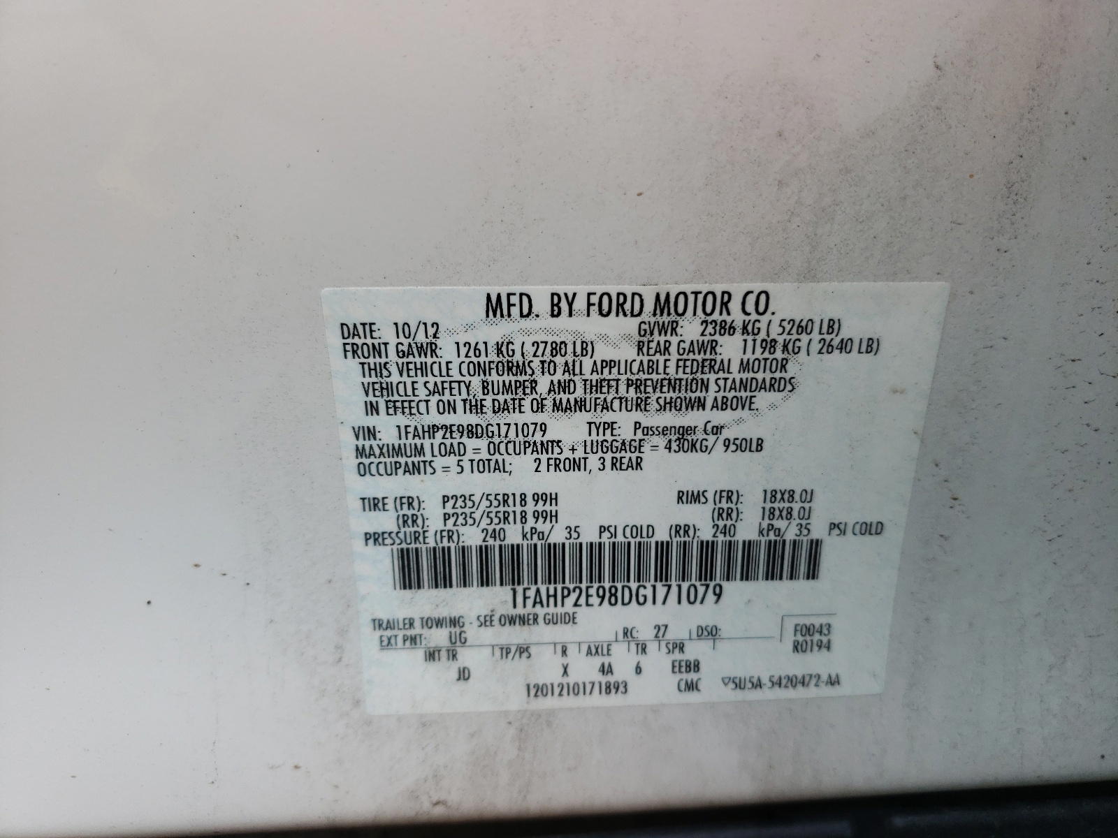 Photo 10 from auction – 2013 FORD TAURUS SEL with VIN 1FAHP2E98DG171079
