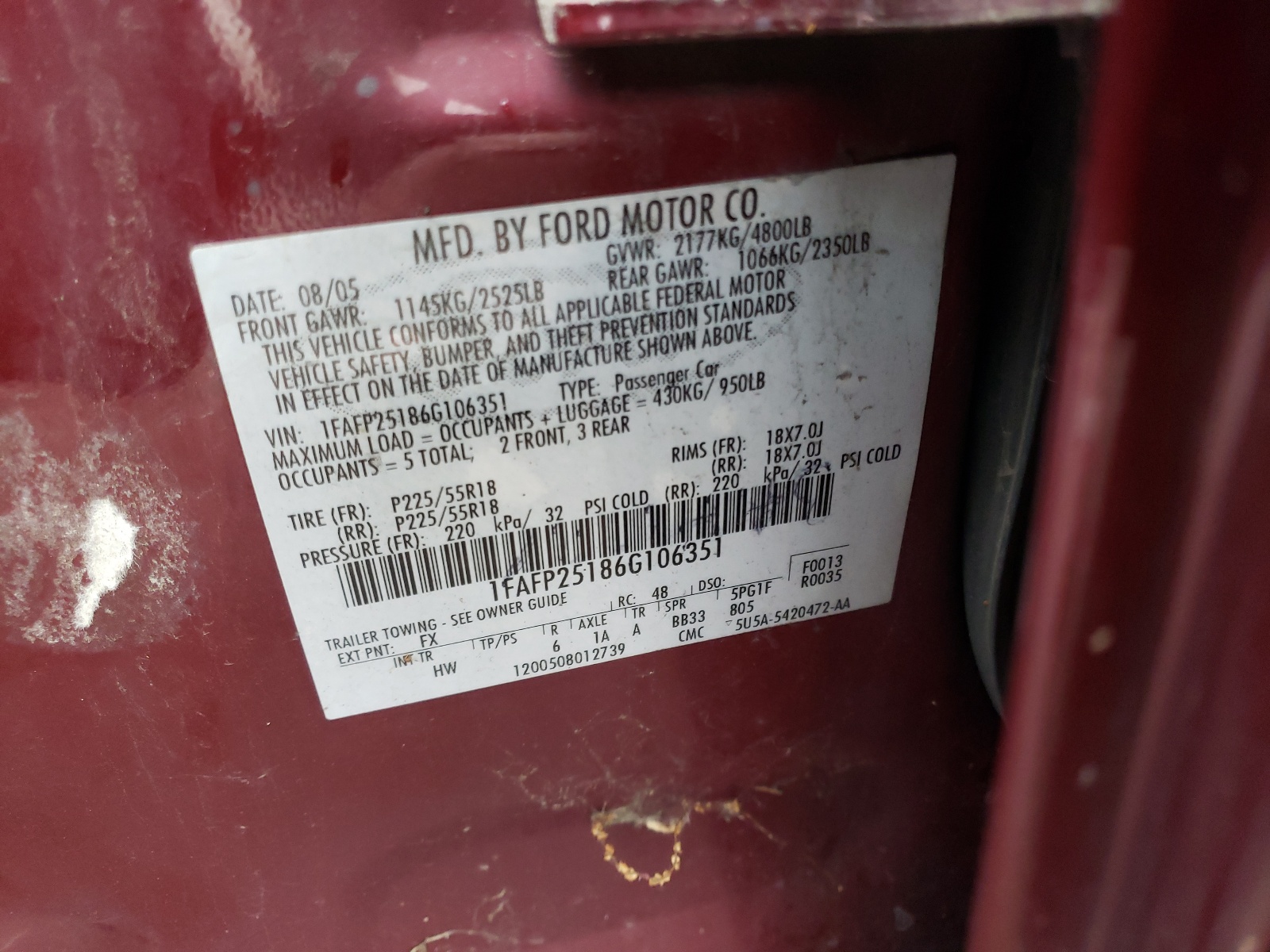 Photo 10 from auction – 2006 FORD FIVE HUNDR with VIN 1FAFP25186G106351
