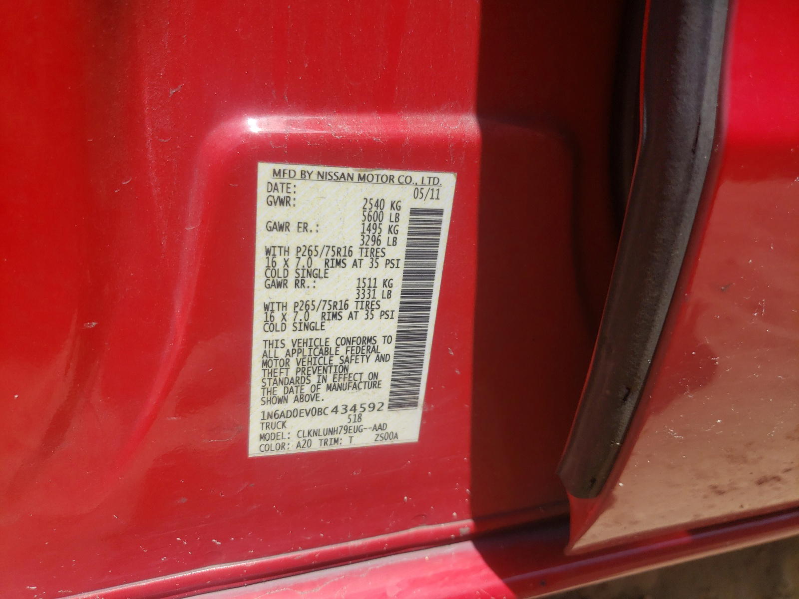 Photo 10 from auction – 2011 NISSAN FRONTIER S with VIN 1N6AD0EV0BC434592