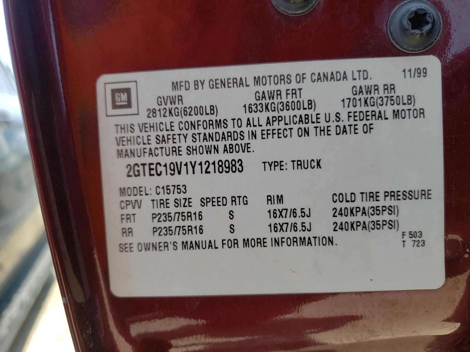 Photo 10 from auction – 2000 GMC SIERRA 15 with VIN 2GTEC19V1Y1218983