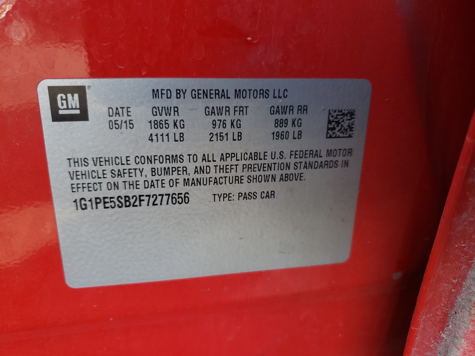 Photo 10 from auction – 2015 CHEVROLET CRUZE LT with VIN 1G1PE5SB2F7277656