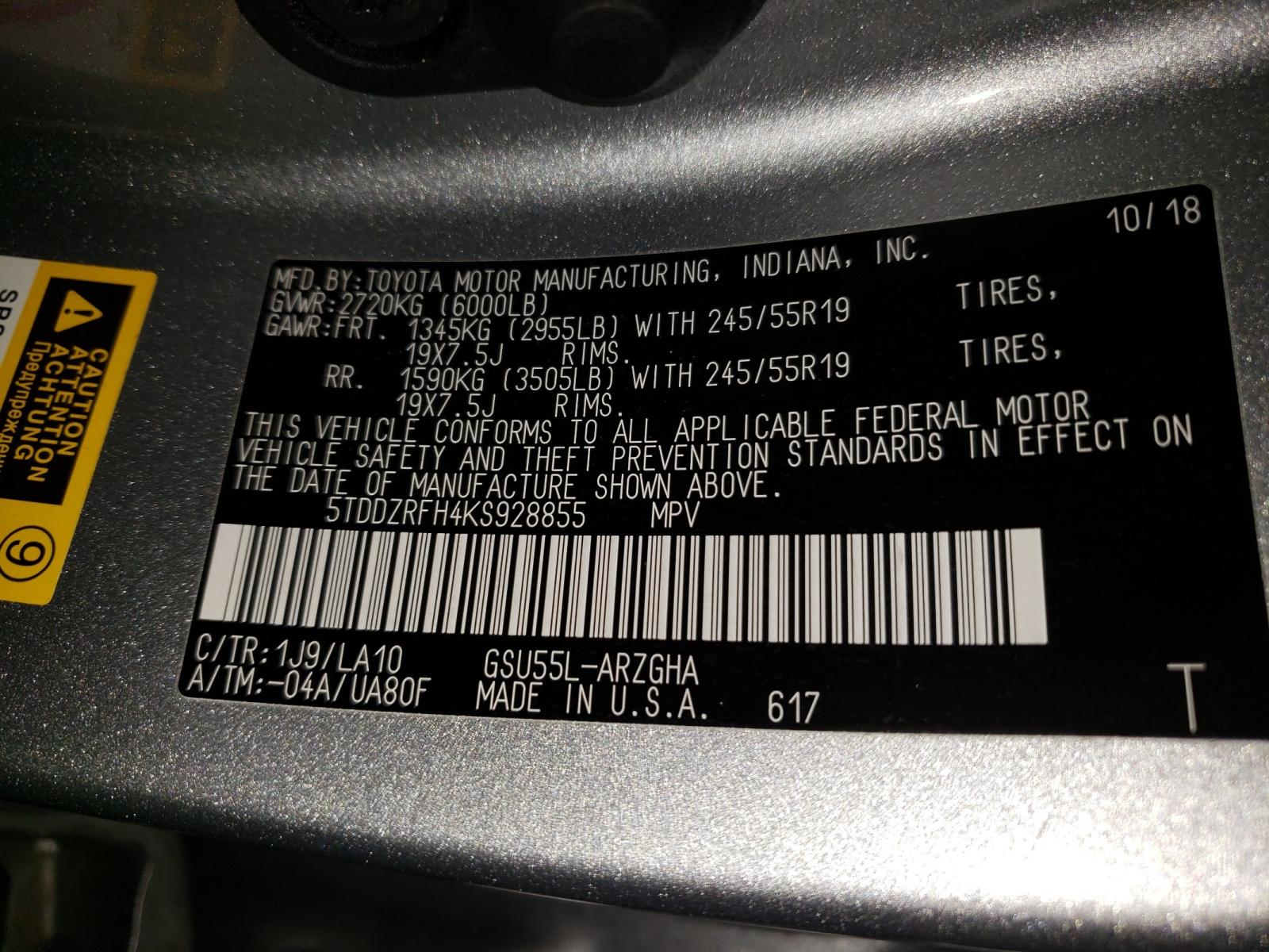 Photo 10 from auction – 2019 TOYOTA HIGHLANDER with VIN 5TDDZRFH4KS928855