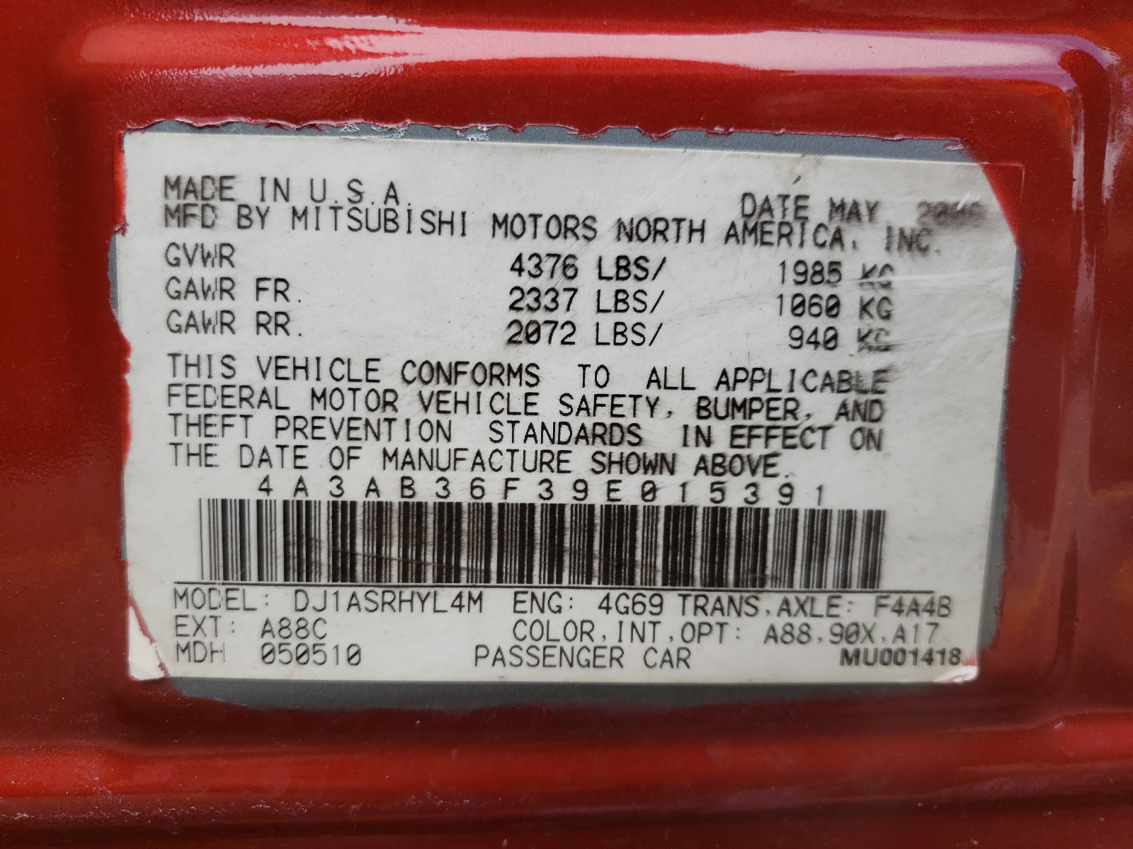 Photo 10 from auction – 2009 MITSUBISHI GALANT ES with VIN 4A3AB36F39E015391