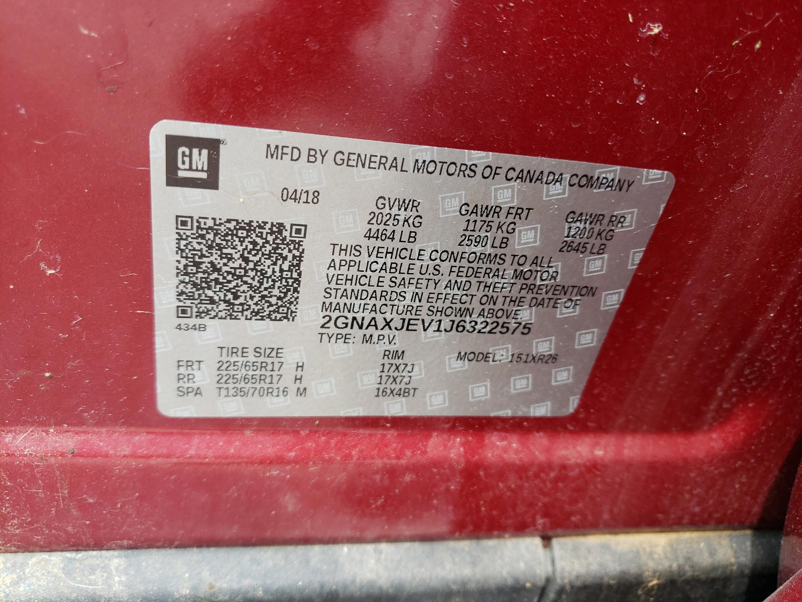 Photo 10 from auction – 2018 CHEVROLET EQUINOX LT with VIN 2GNAXJEV1J6322575