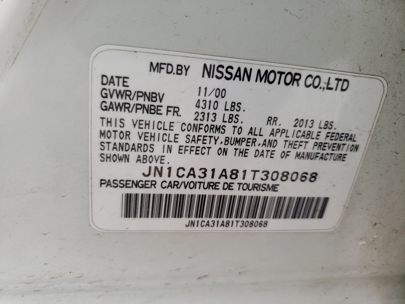 Photo 10 from auction – 2001 NISSAN MAXIMA GXE with VIN JN1CA31A81T308068